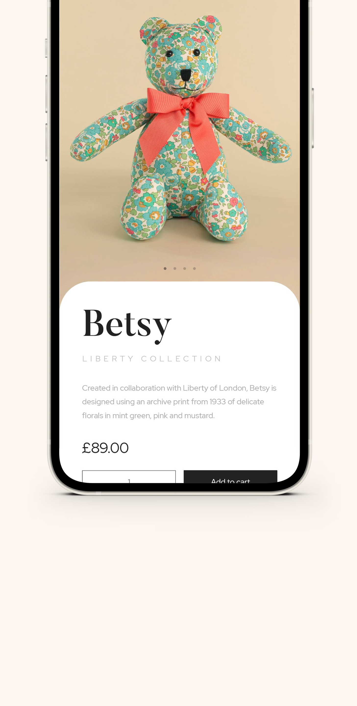 An iPhone 12 with the mobile version of the Grin & Bear London product page from their website.