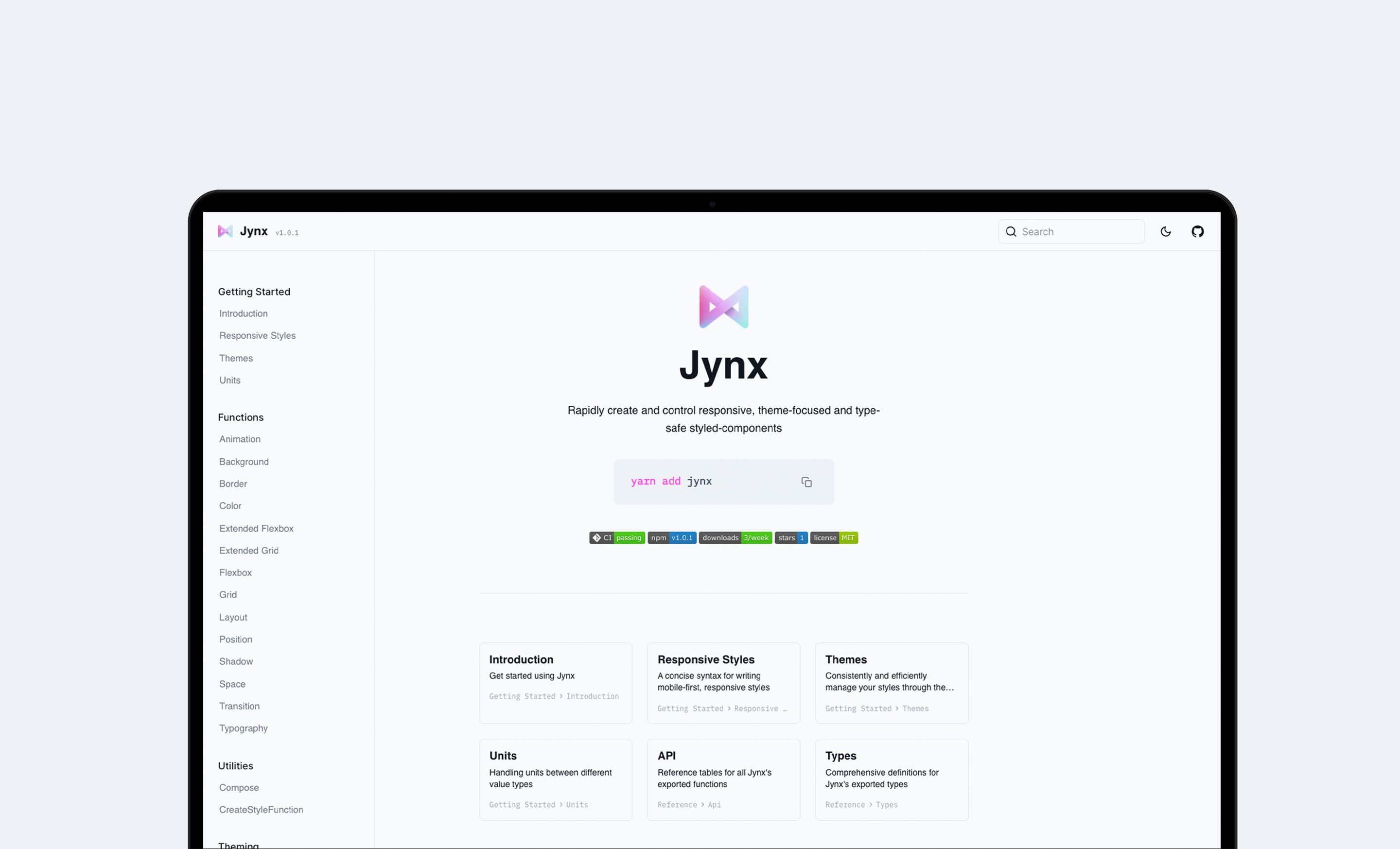 Macbook Pro showing Jynx documentation website.