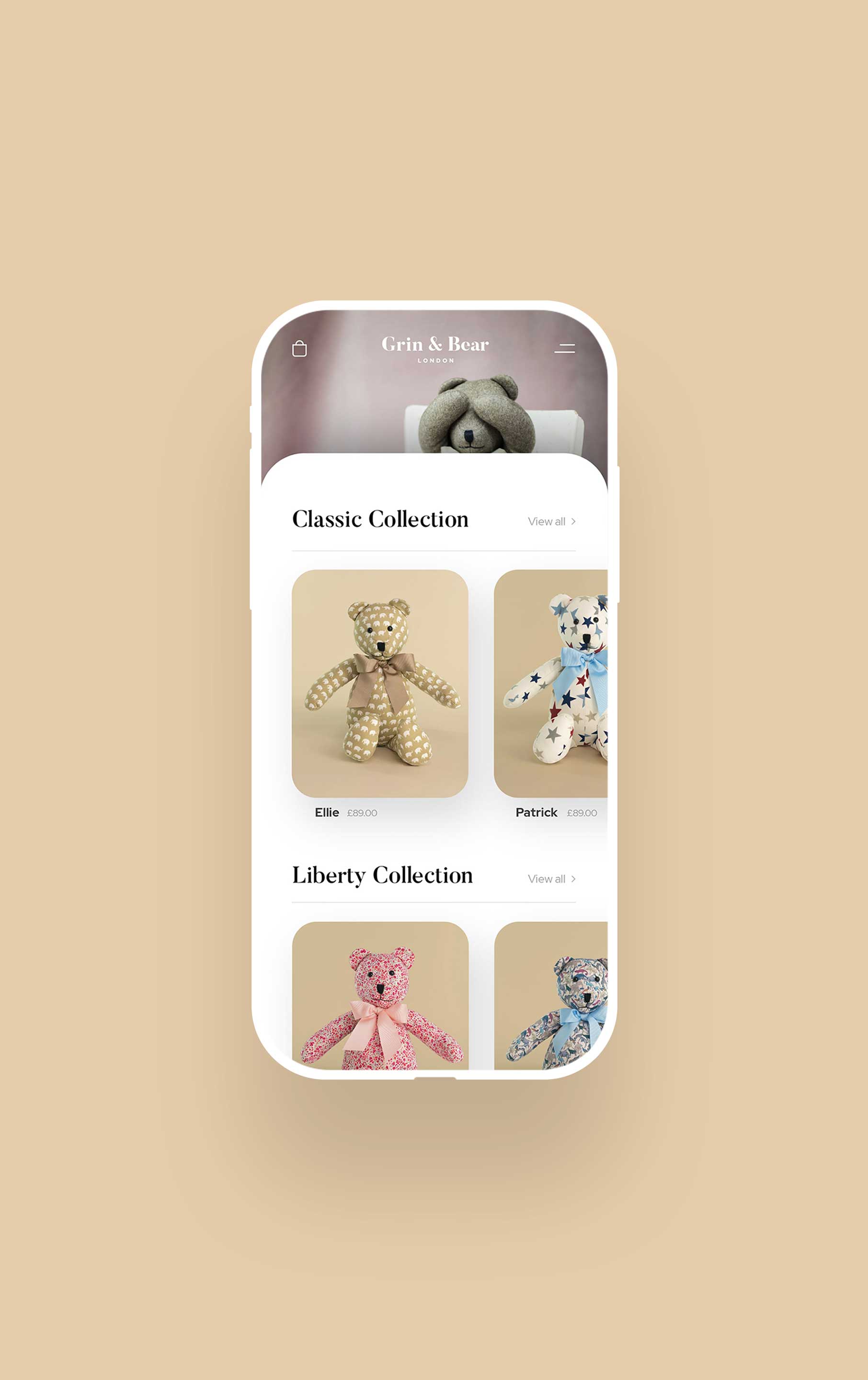 The mobile version of the Grin & Bear London website featuring the shop page.