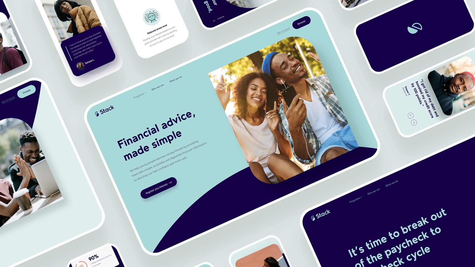Mobile and desktop iterations of the Stack website pages.