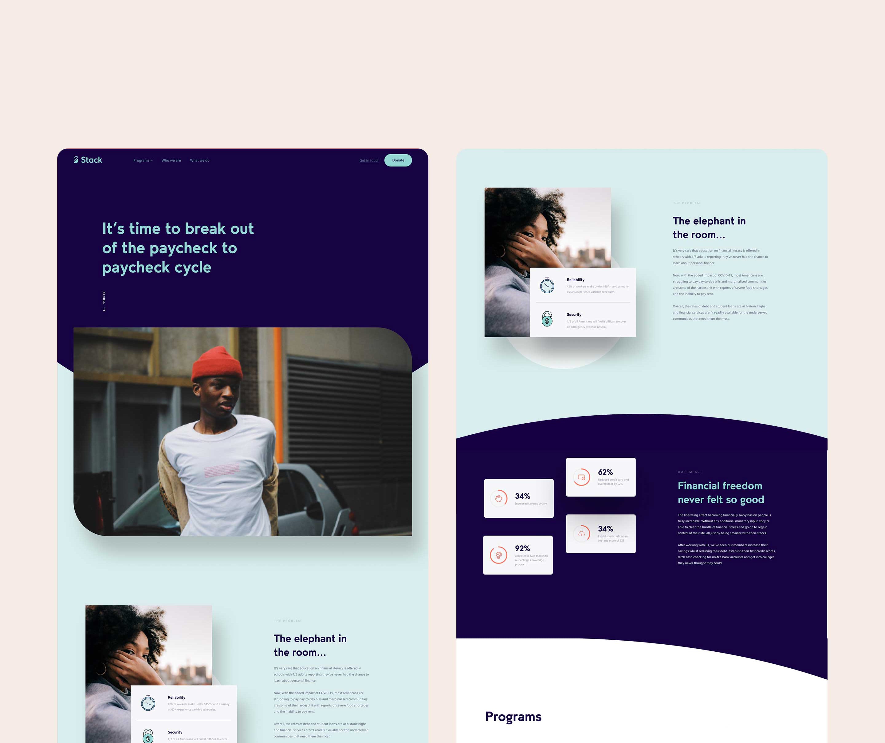 Side by side screens of the Stack 'Who we are' page from their website.