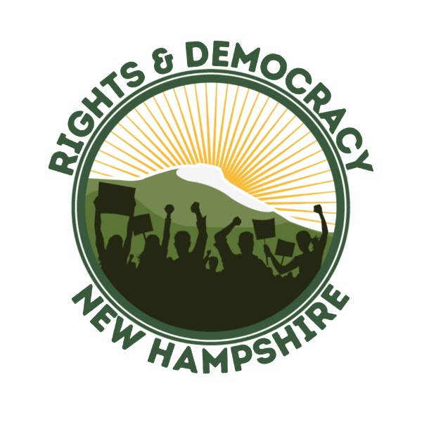 Logo for Rights & Democracy New Hampshire, featuring silhouettes of people protesting in front of green mountains and a rising sun