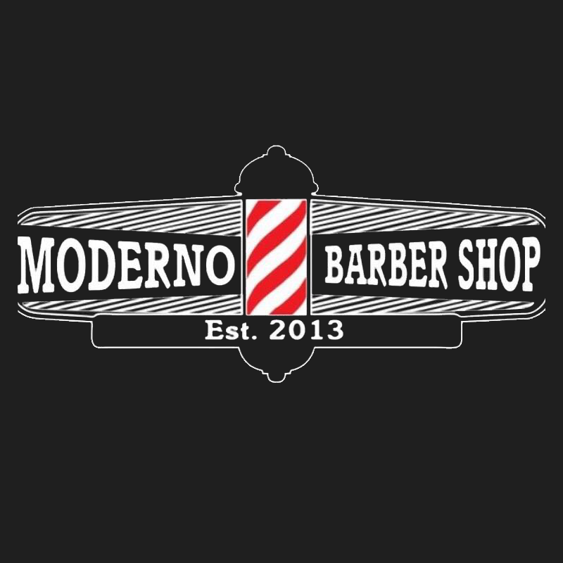 Moderno Barbershop, Est. 2013 in black and white text surrounding a barbershop pole