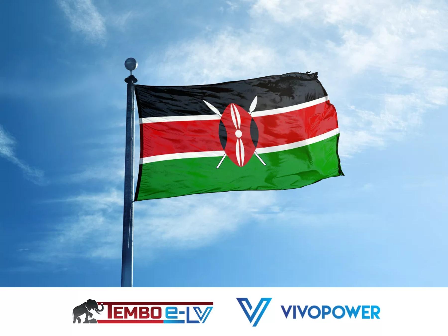Kenyan flag flying against a blue sky, with Tembo e-LV and VivoPower logos