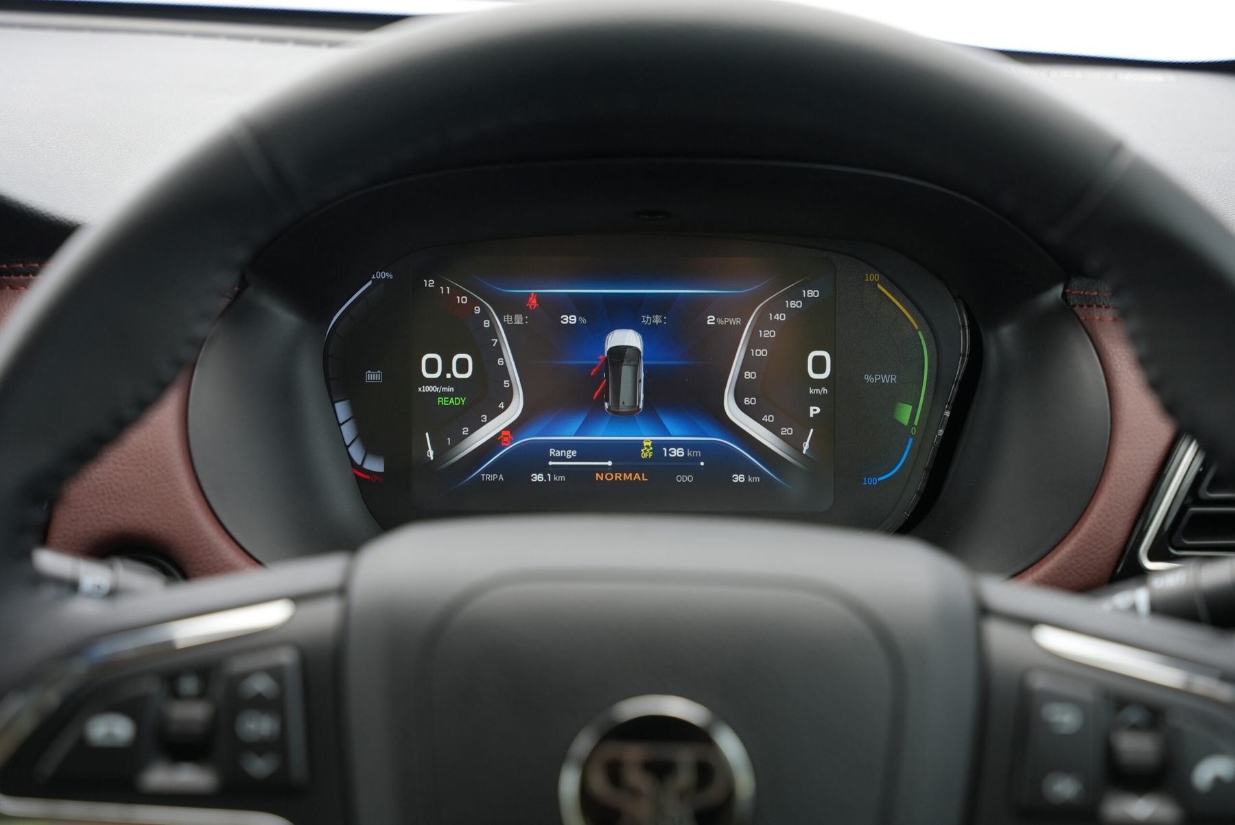 Tembo Tusker digital instrument cluster showing READY, 39% charge and 136 km range, seen through the steering wheel