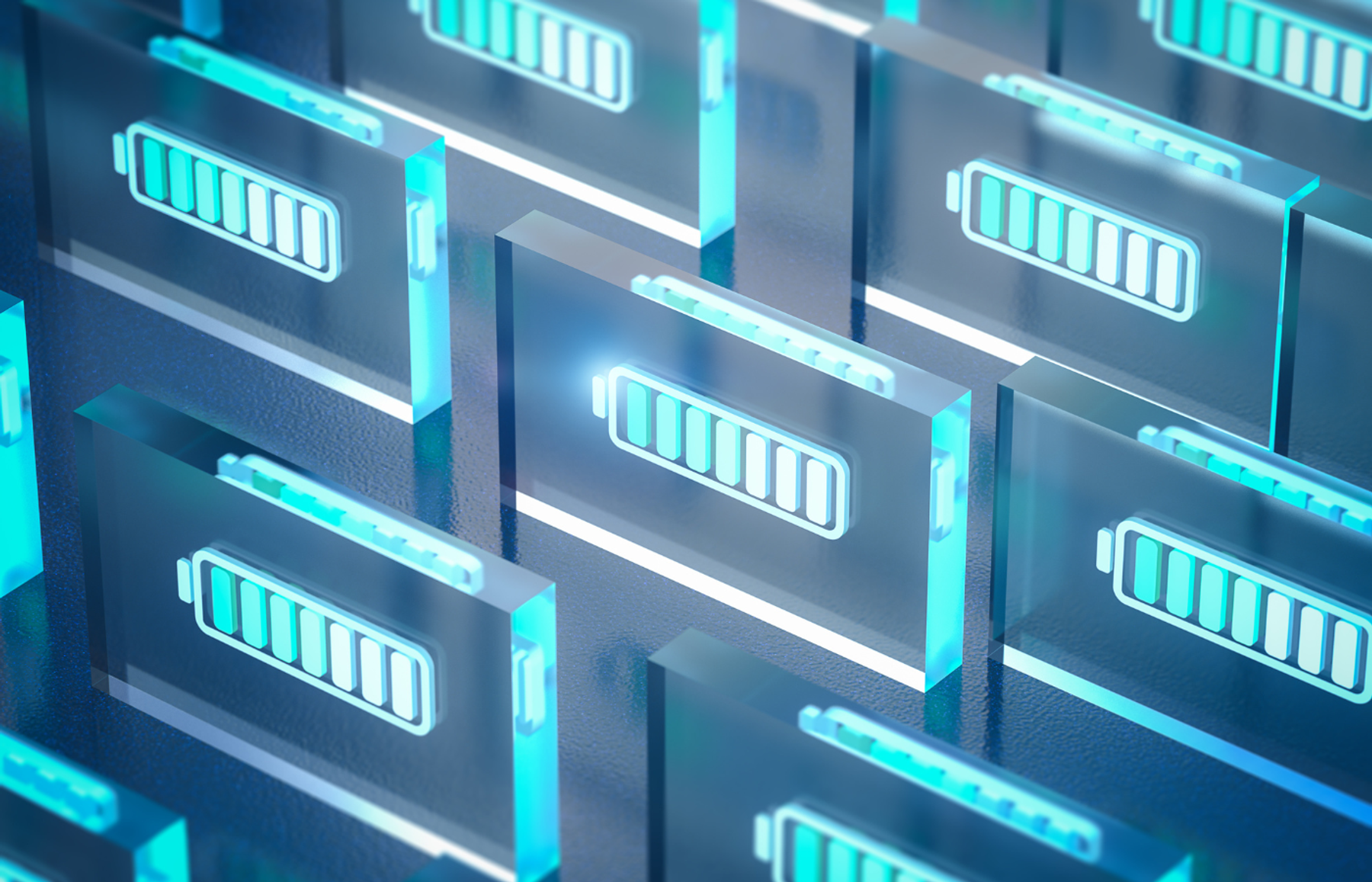 Illustration of rows of translucent battery cells with glowing charge-level icons