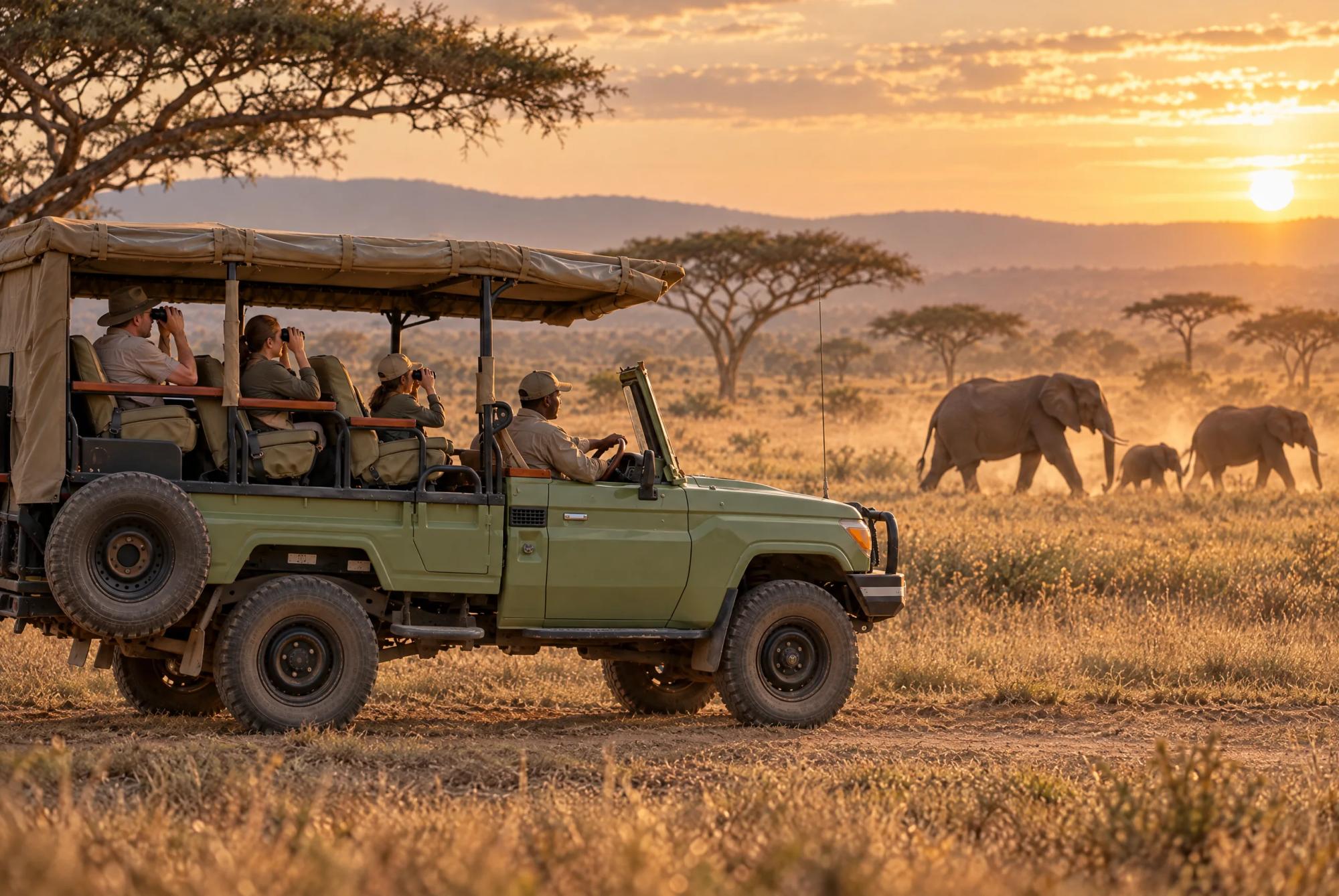 Olive EUV safari conversion with guests and a guide watching elephants cross the savanna at sunset