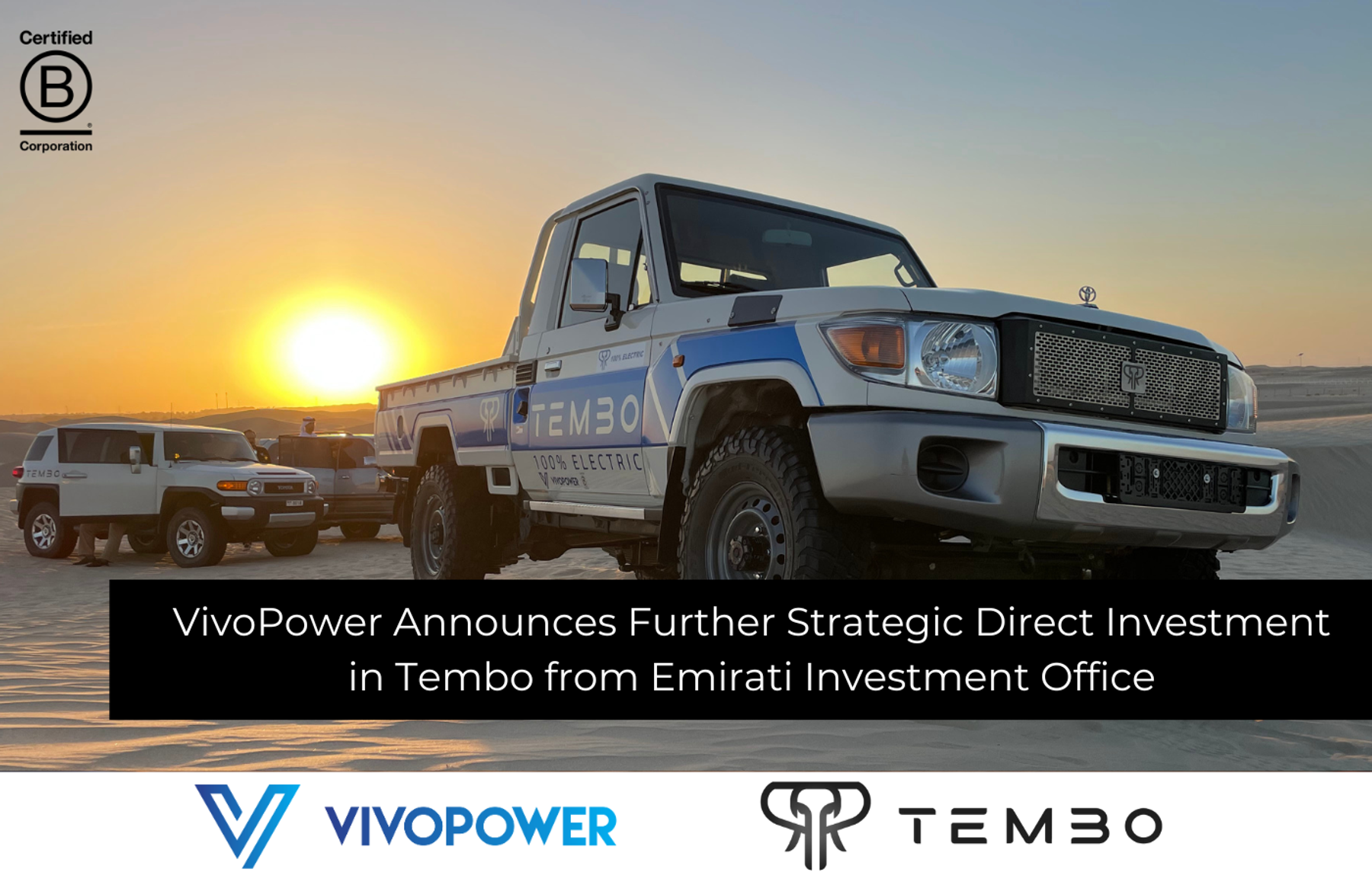 Tembo-liveried electric Land Cruiser 70 series pickup on desert sand at sunset, with Emirati investment headline