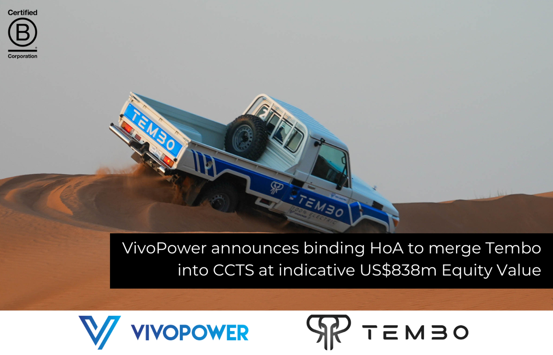 Tembo electric Land Cruiser ute climbing a sand dune, with headline on VivoPower’s planned merger of Tembo into CCTS