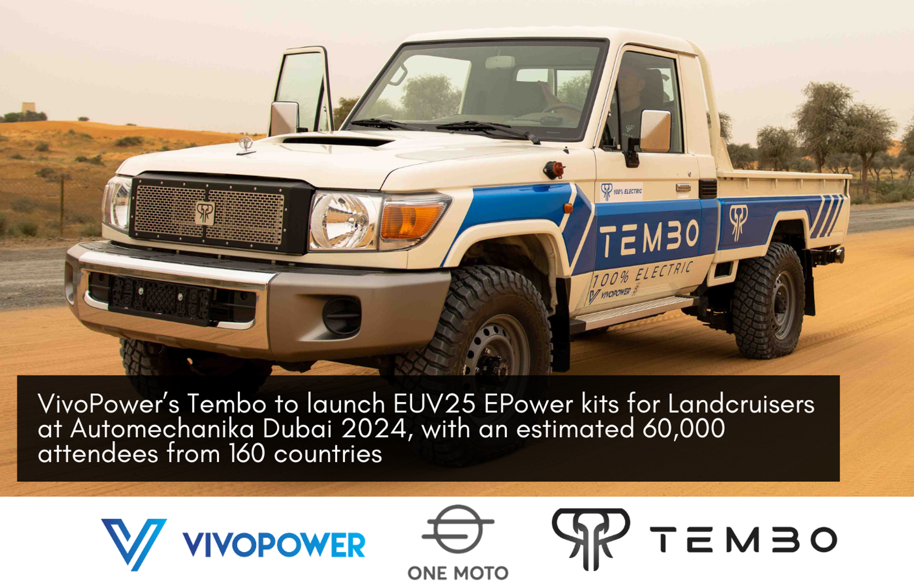 Tembo electric Land Cruiser 70 single-cab ute in the desert, with headline on EUV25 EPower kits at Automechanika Dubai 2024