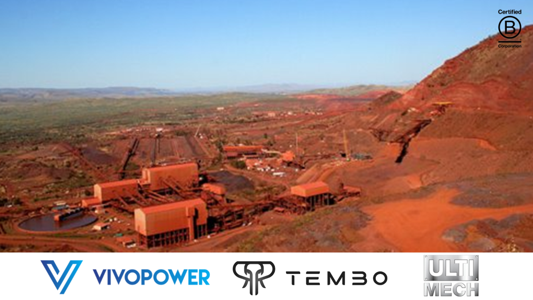 Mine processing plant on red earth in Western Australia, with VivoPower, Tembo and Ulti-Mech logos