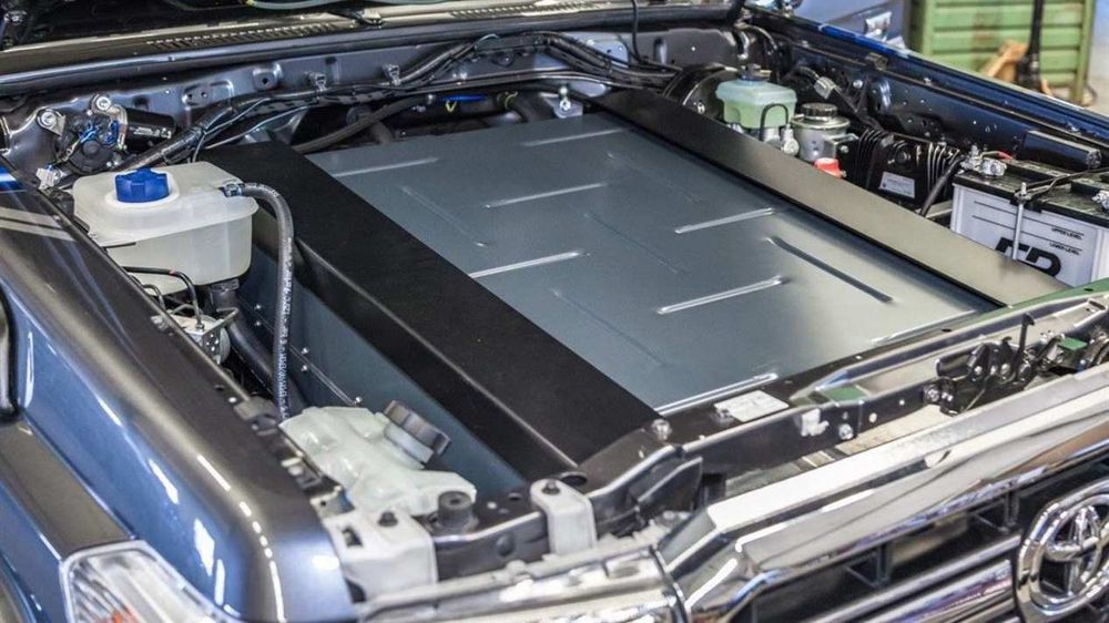 Battery enclosure fitted under the bonnet of the Electric Cruiser, a converted Toyota Land Cruiser 70 series