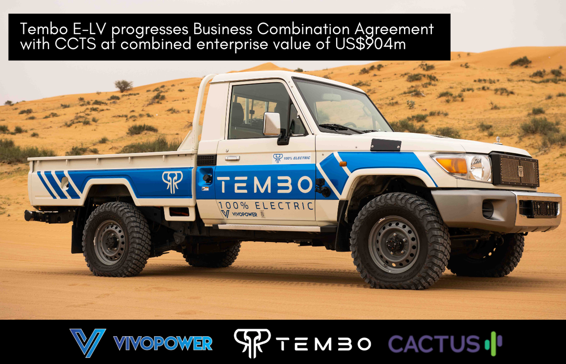 Tembo electric Land Cruiser 70 single-cab ute in the desert with VivoPower, Tembo and Cactus logos and US$904m CCTS headline