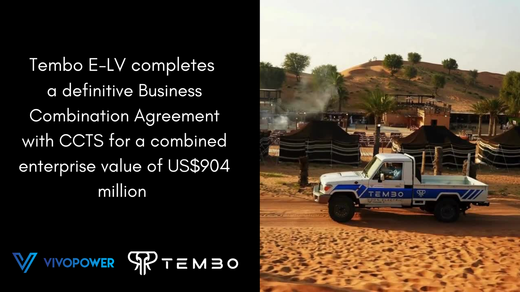 Tembo-liveried electric Land Cruiser single-cab driving past a desert camp, with headline on the CCTS business combination