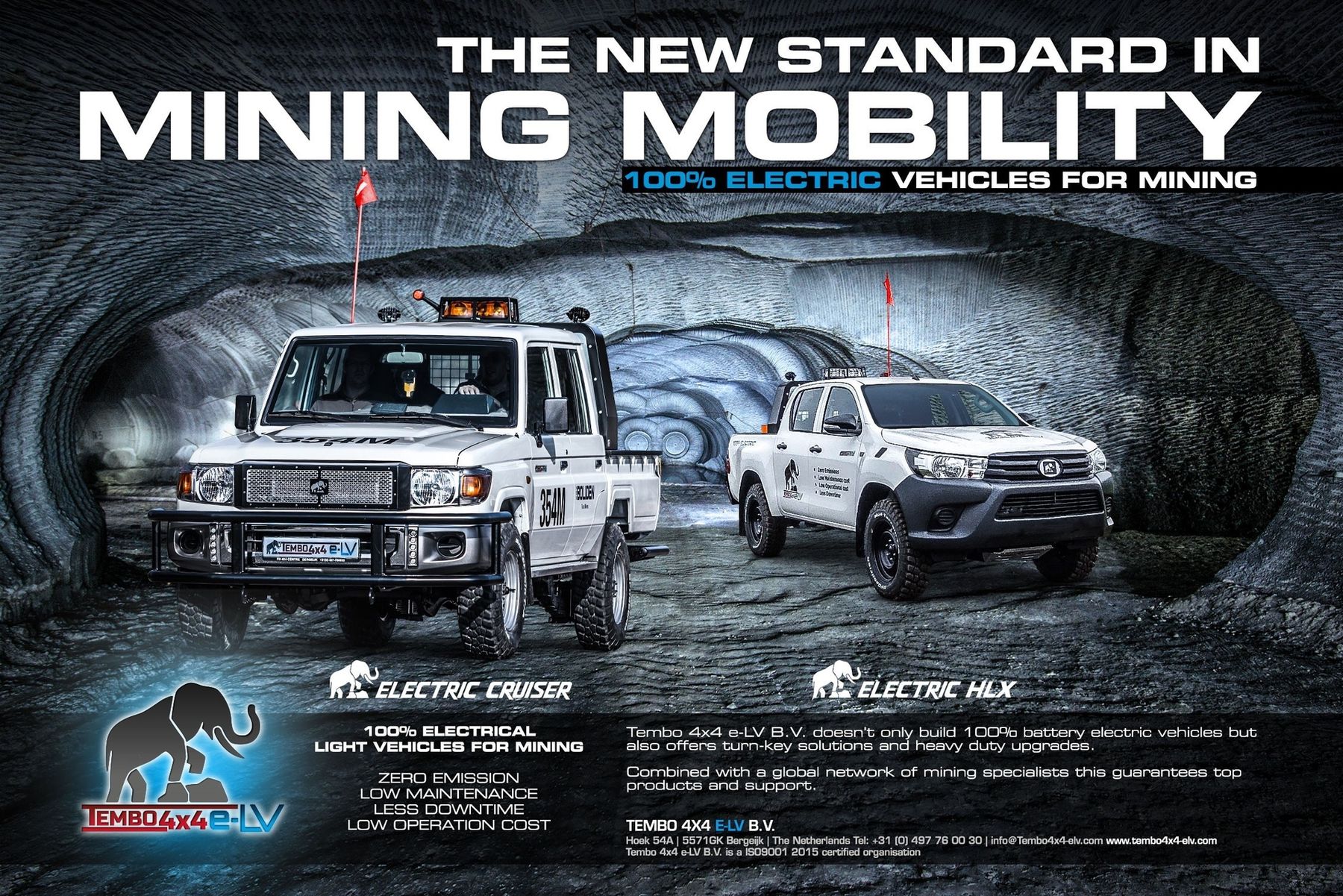 Tembo 4x4 e-LV advert: Electric Cruiser and Electric HLX in an underground mine, '100% electric vehicles for mining'