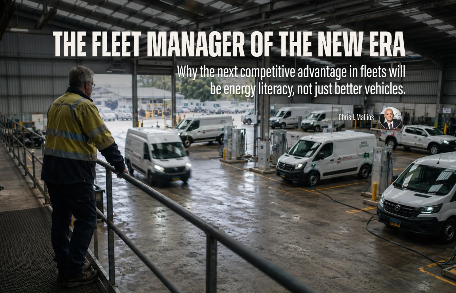 'The fleet manager of the new era' header: worker in hi-vis overlooking electric vans at chargers in a fleet depot