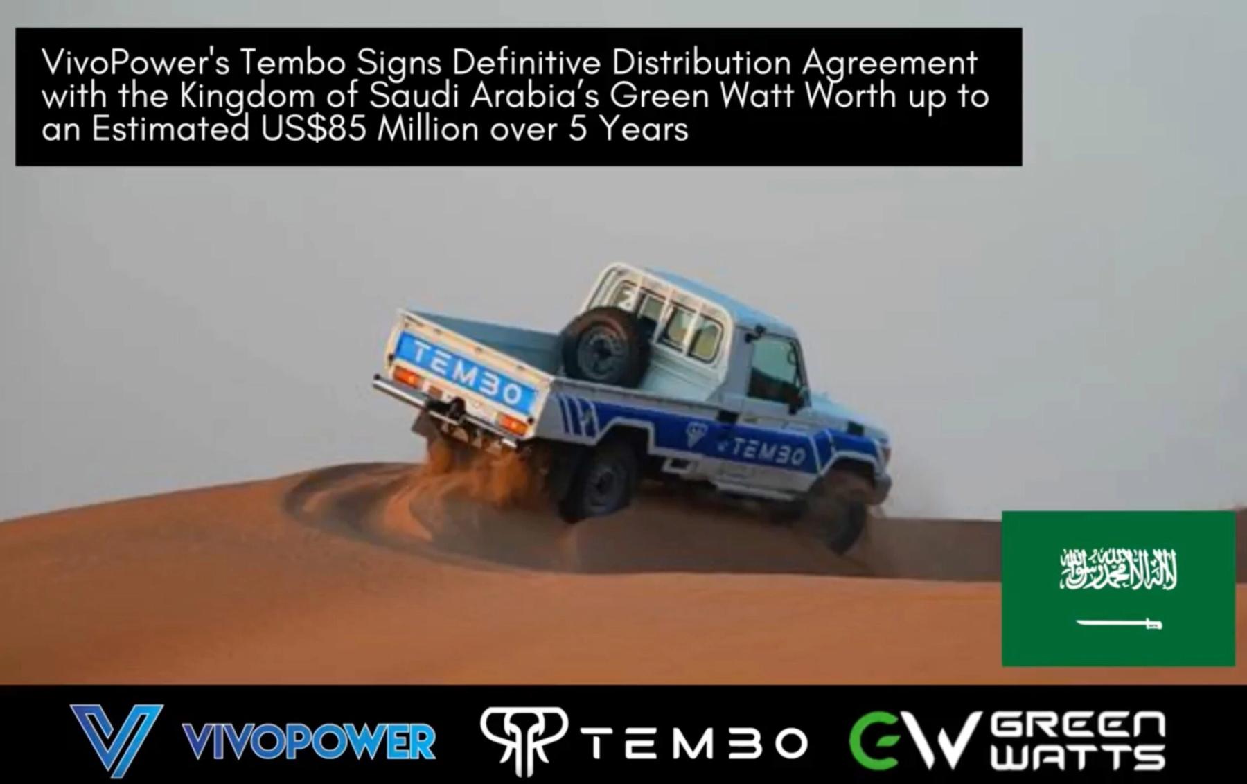 Tembo electric Land Cruiser 70 ute climbing a sand dune, with Saudi flag and VivoPower, Tembo and Green Watt logos