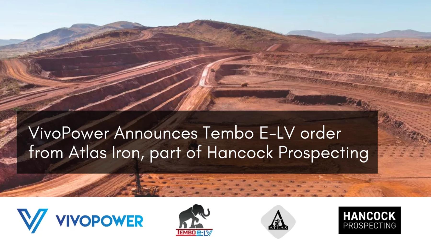 Terraced open-pit mine with red earth, headline on Tembo e-LV order from Atlas Iron, and VivoPower, Atlas and Hancock logos