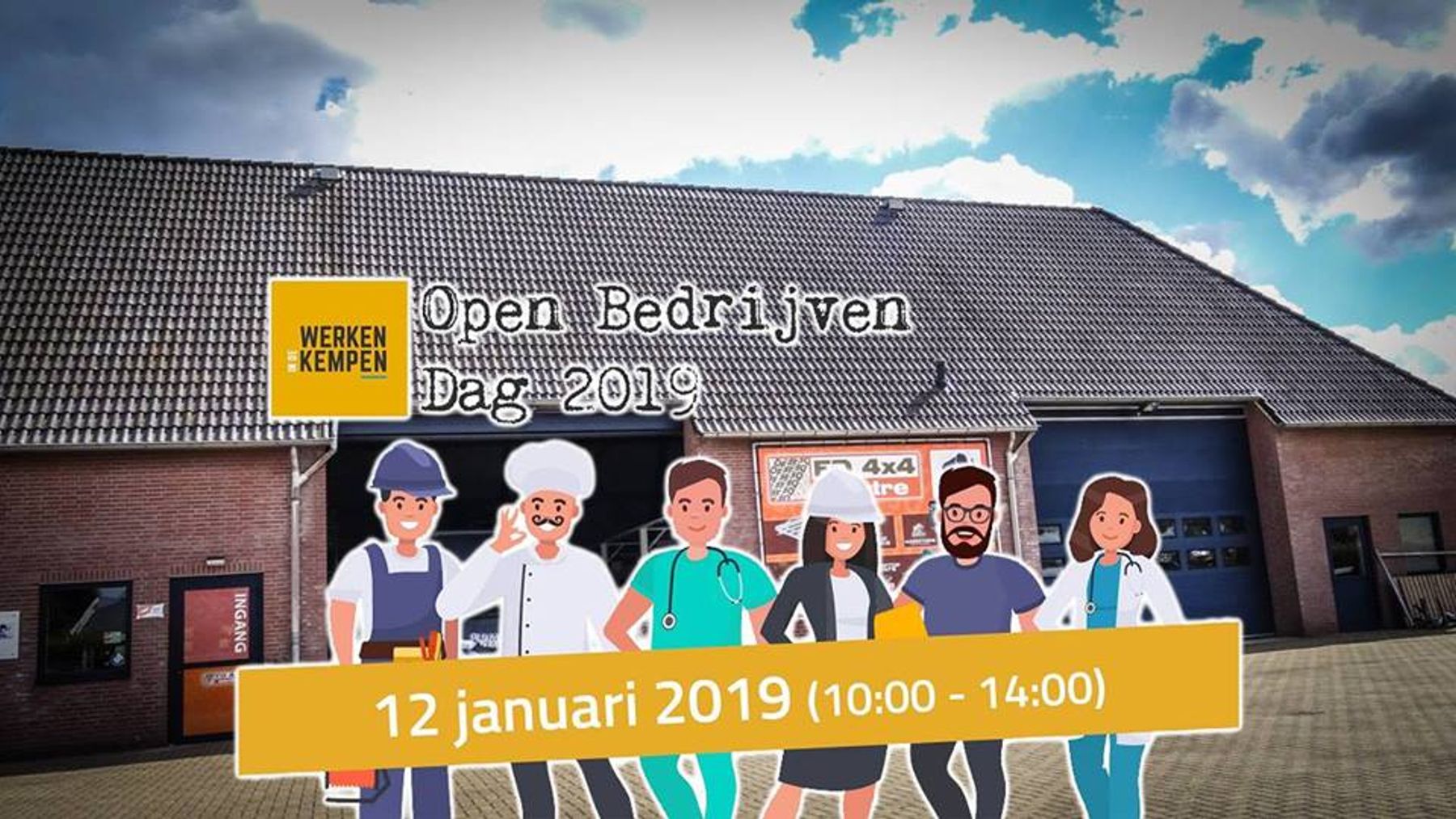 Open Bedrijven Dag 2019 banner for 12 January 2019, 10:00–14:00, with cartoon workers in front of the workshop building