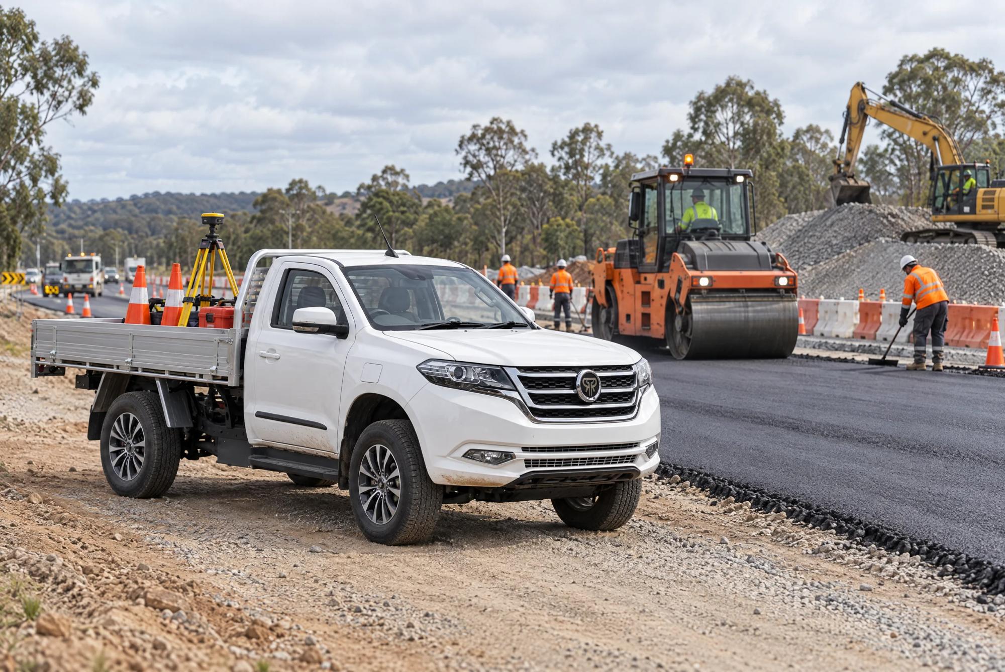 White single-cab Tembo Tusker with survey gear on its tray at a roadworks site, a roller and an excavator behind