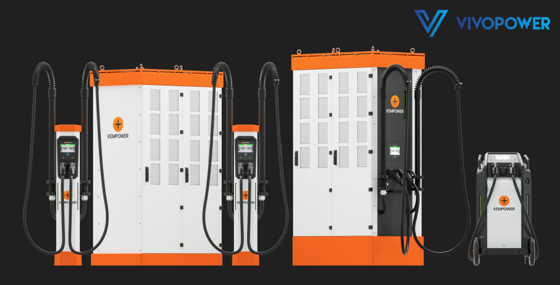 Range of Kempower EV fleet chargers, including power cabinets, dispensers and a mobile charger, with VivoPower logo