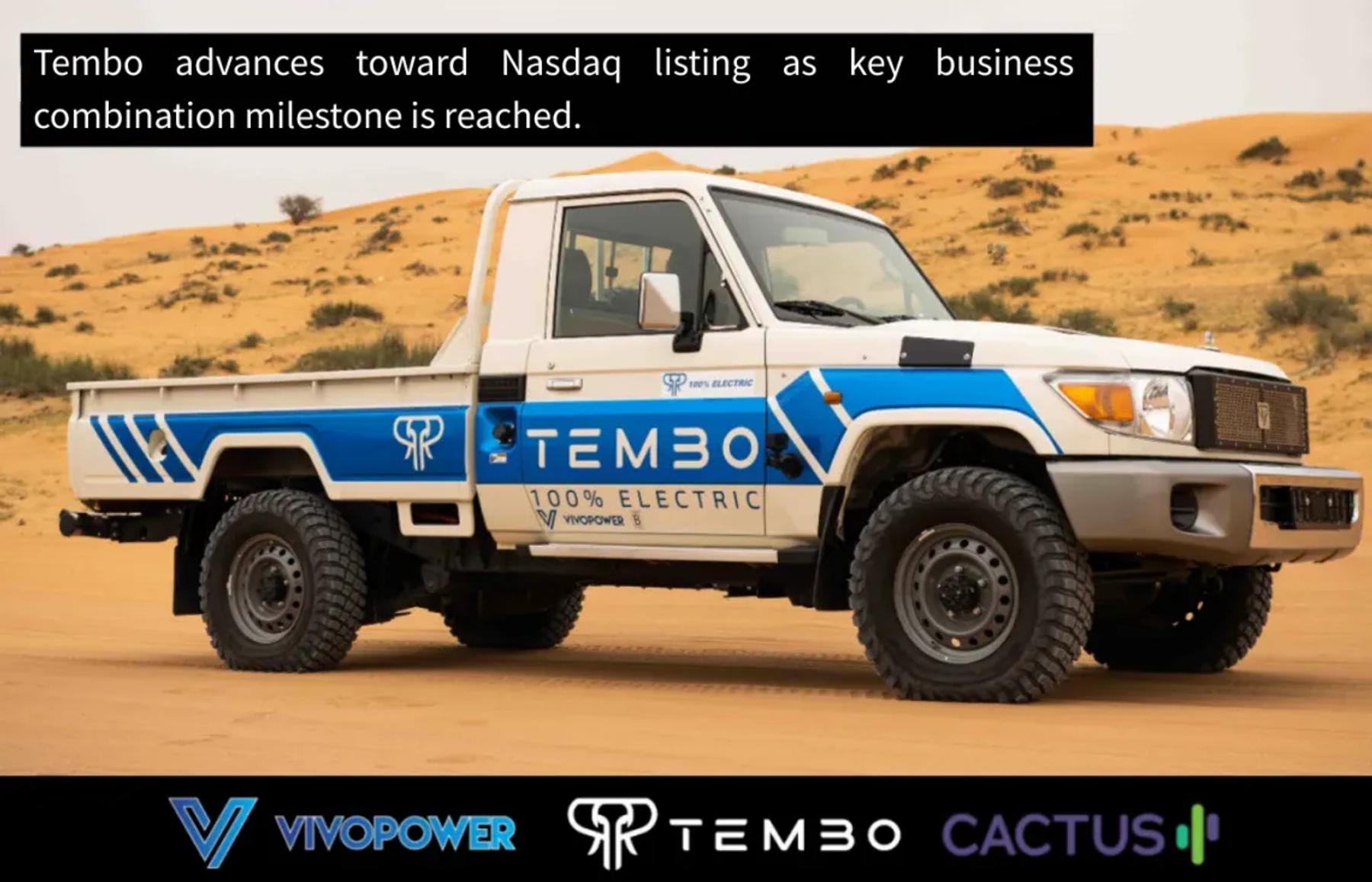 Tembo electric Land Cruiser 70 single-cab ute in desert, with Nasdaq listing headline and VivoPower, Tembo and Cactus logos