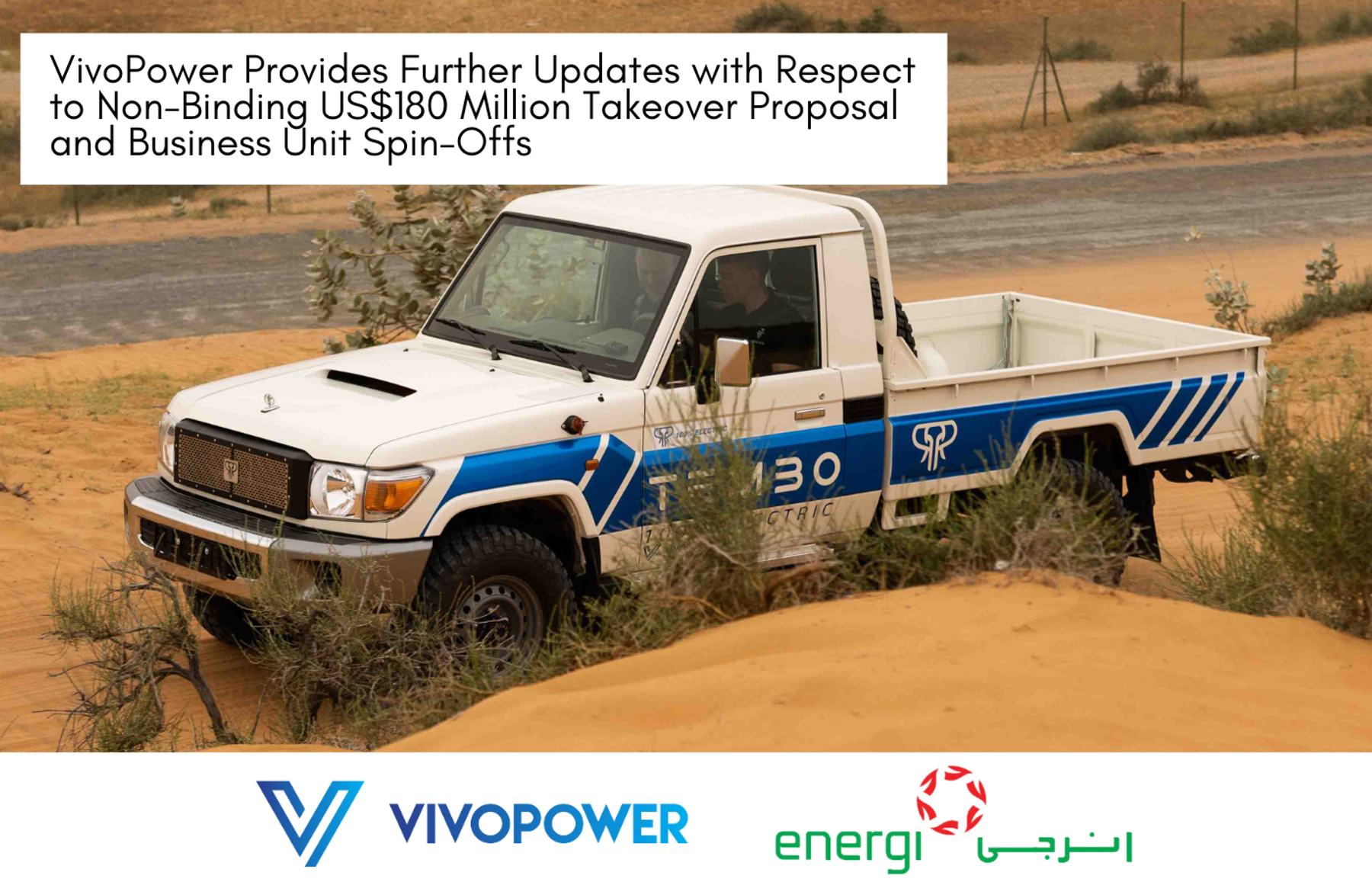 Tembo-liveried electric Land Cruiser single-cab in sandy scrubland, with takeover update headline, VivoPower and Energi logos