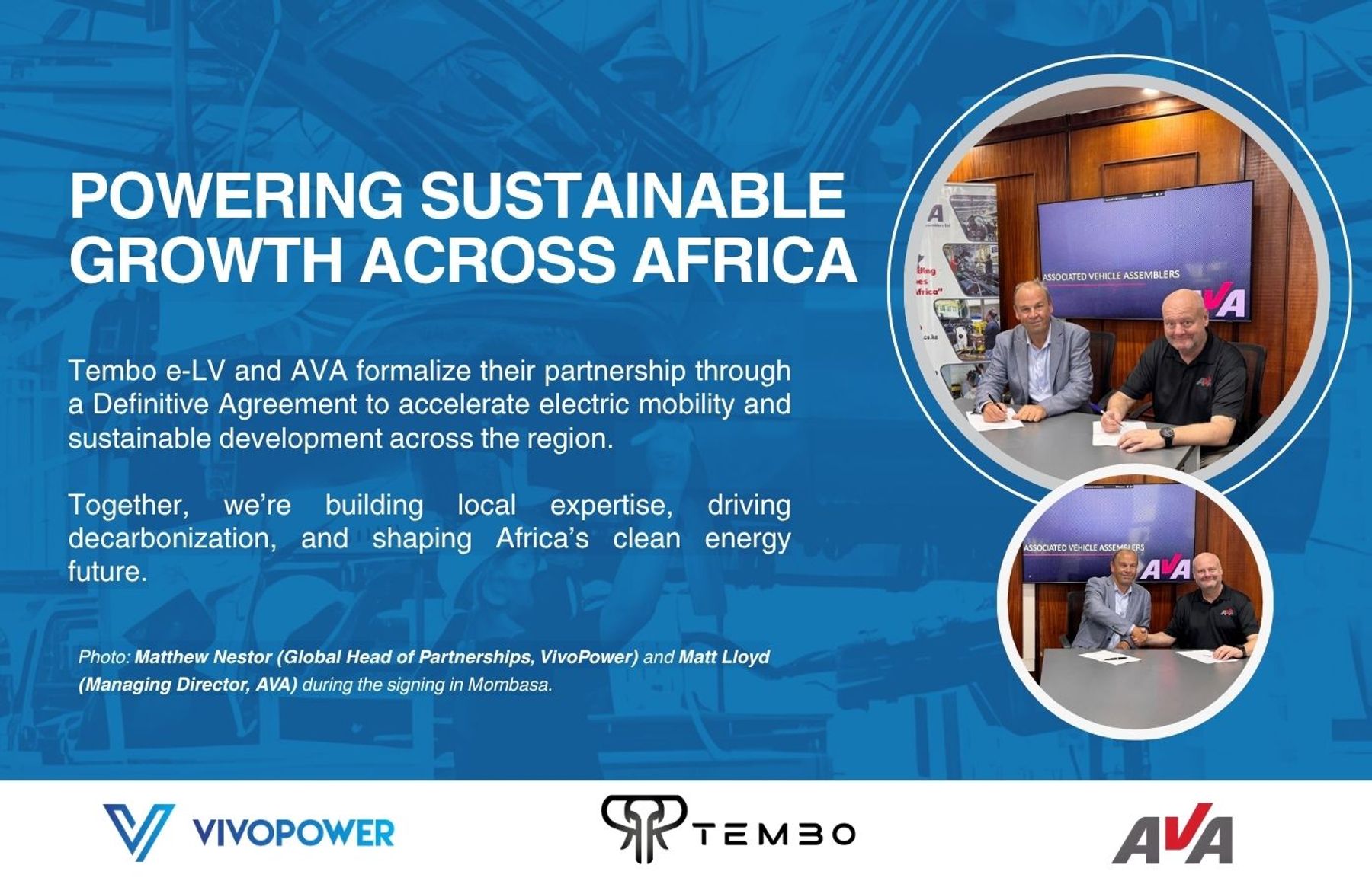 Tembo and AVA agreement graphic with photos of Matthew Nestor and Matt Lloyd signing in Mombasa, plus partner logos