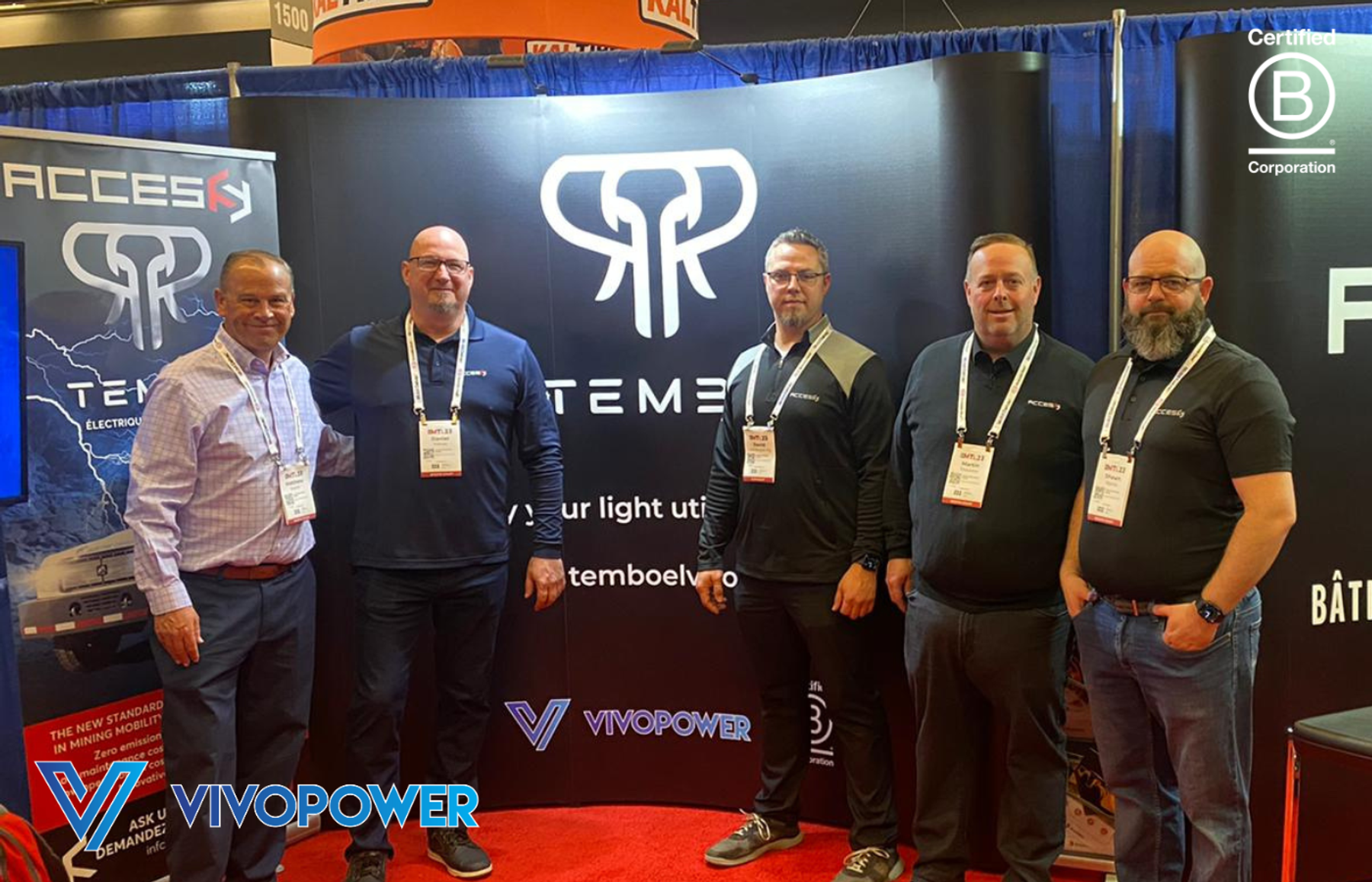 Five delegates at the Tembo and Accès stand at CIM MTL23, with VivoPower and Certified B Corporation logos
