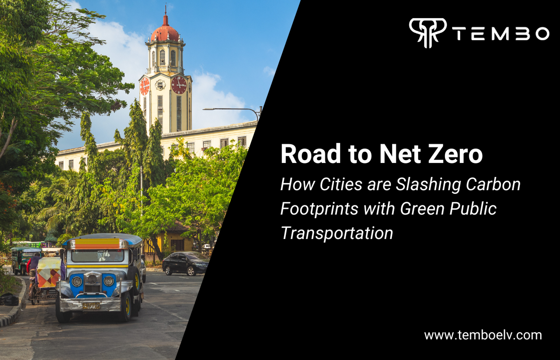 Jeepney on a tree-lined city street by a clock tower, with Tembo headline 'Road to Net Zero' on green public transport