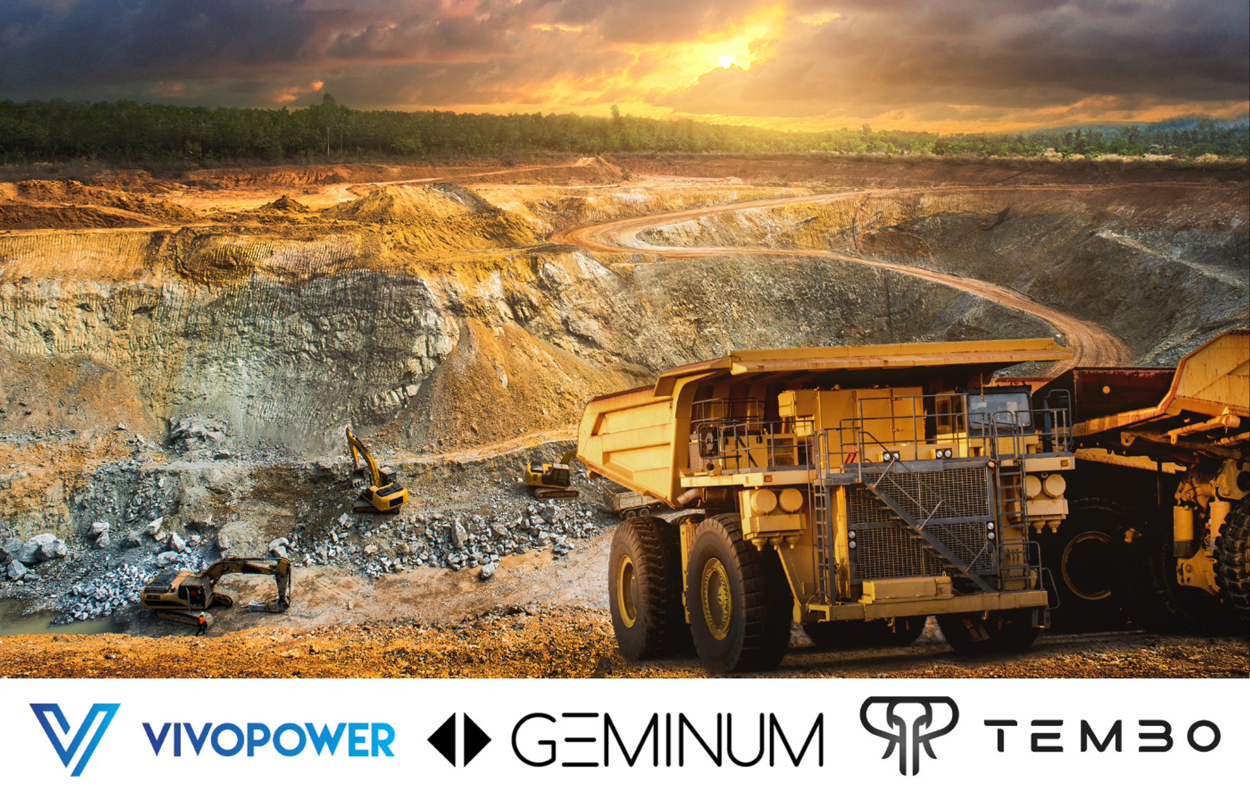 Haul trucks and excavators in an open-pit mine at sunset, with VivoPower, Geminum and Tembo logos