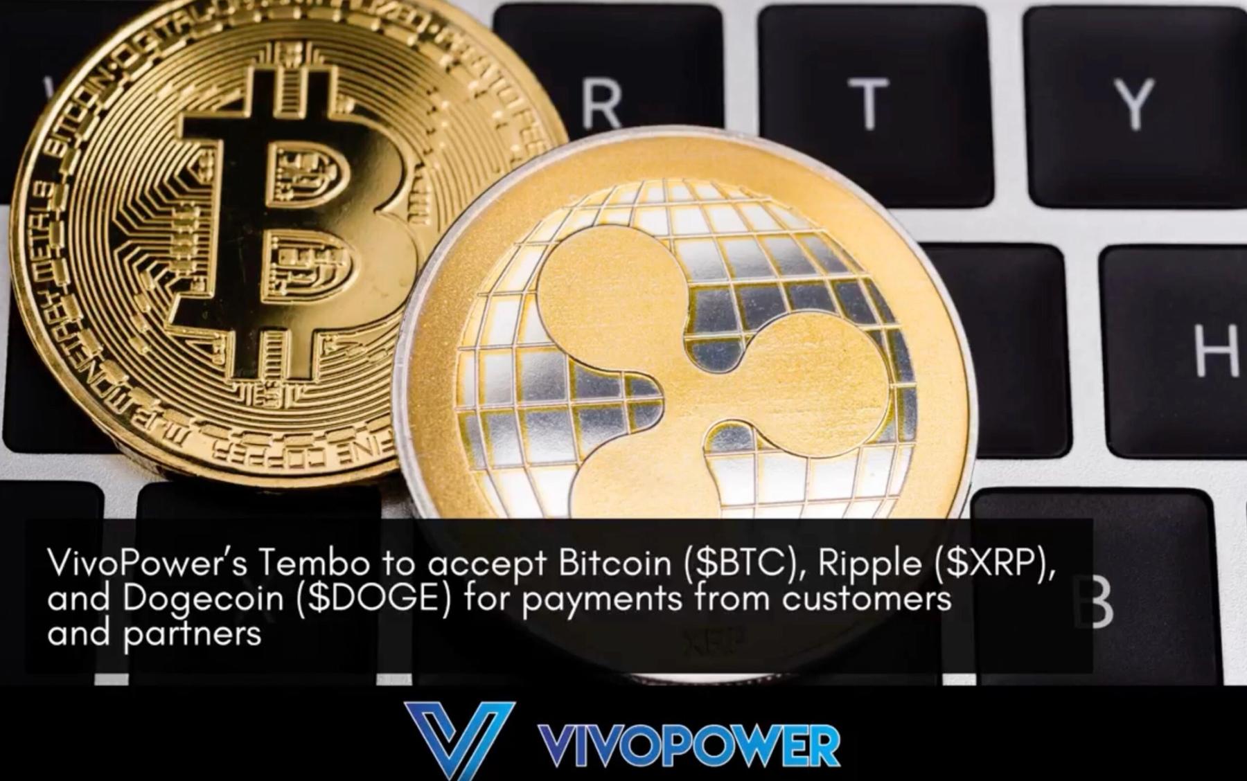 Bitcoin and Ripple coins on a keyboard, with headline on Tembo accepting Bitcoin, Ripple and Dogecoin payments