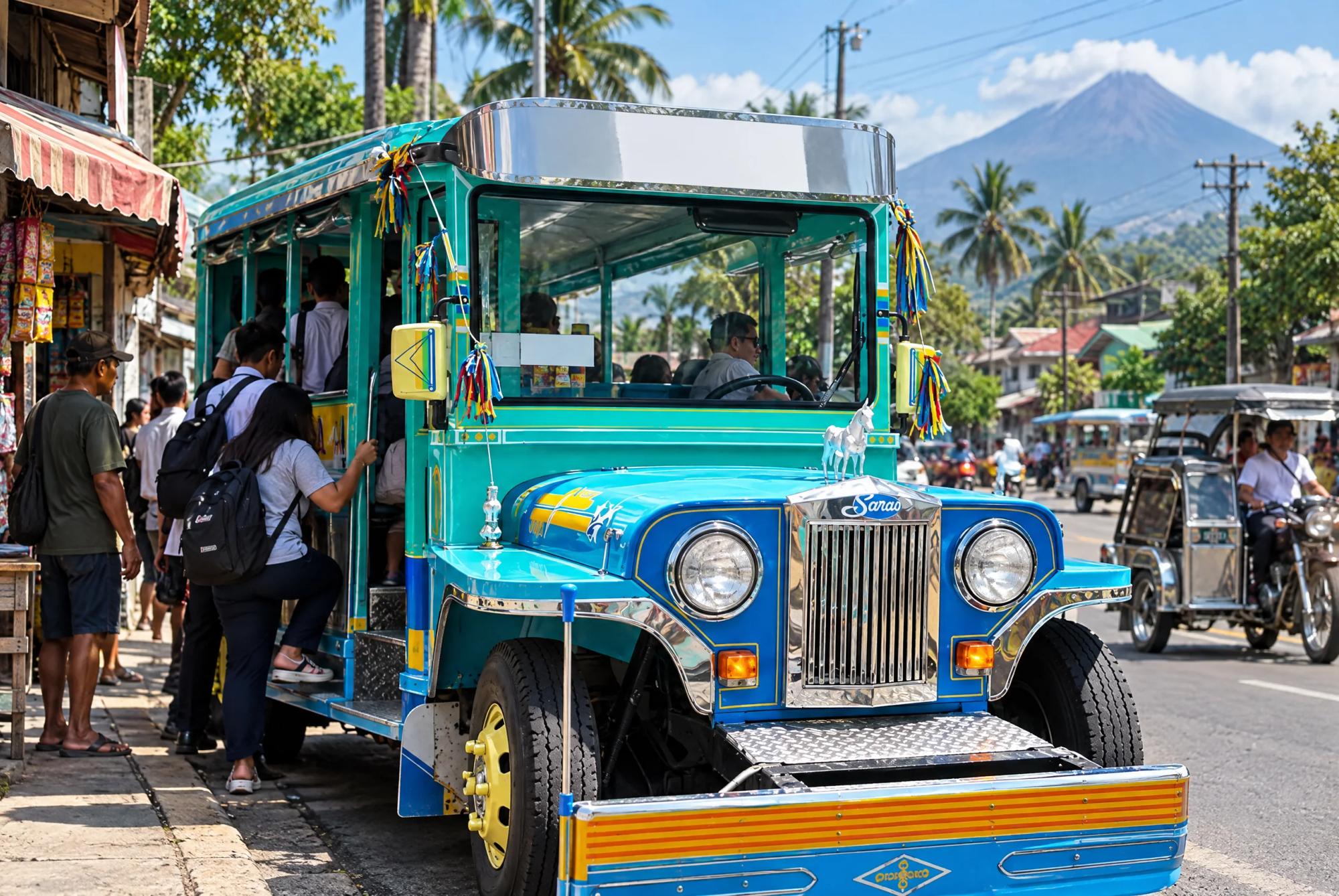 Passengers boarding a turquoise Sarao electric jeepney on a town street, with a volcano behind