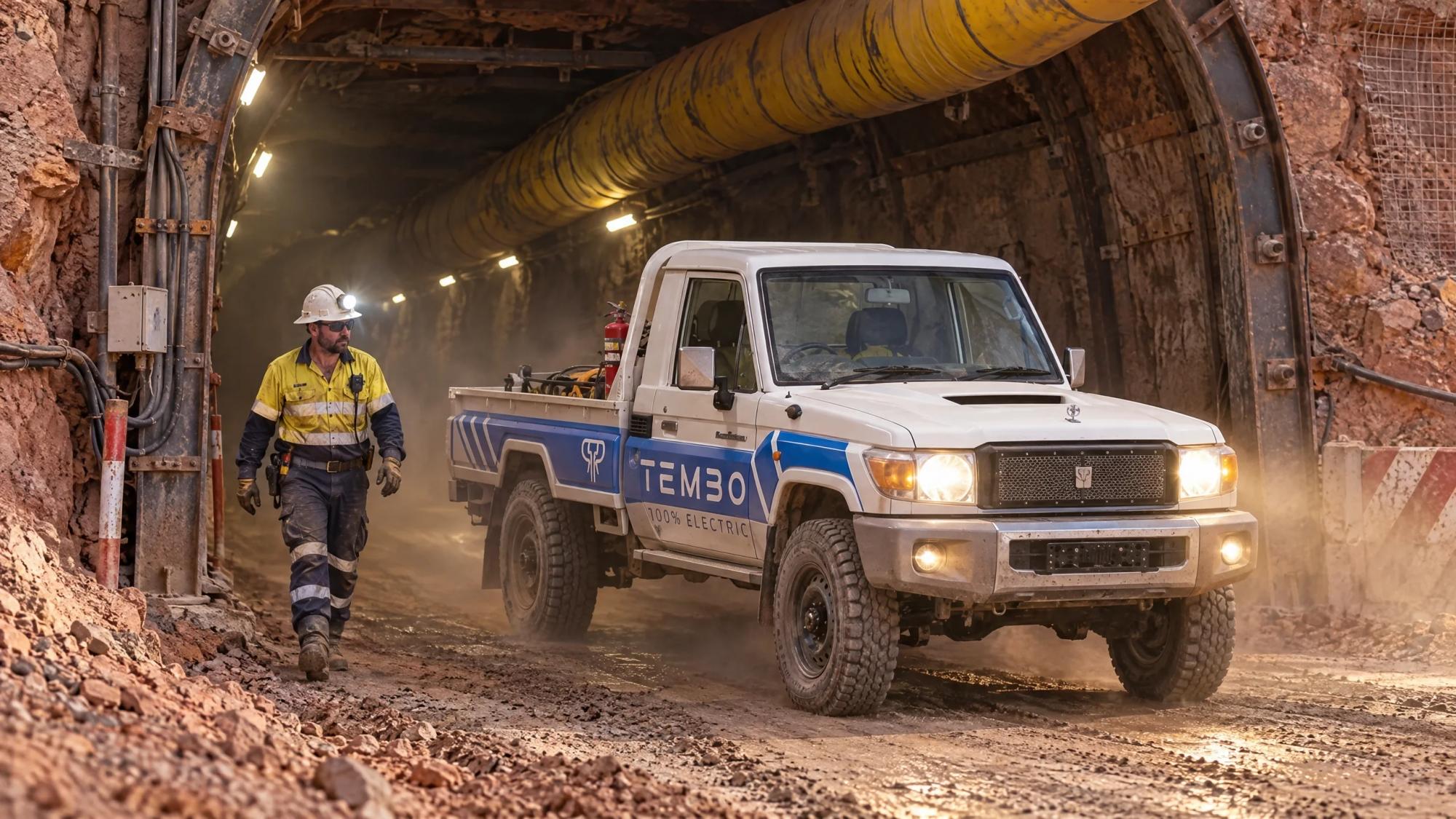 EUV in Tembo livery driving out of an underground mine portal beside a miner in hi-vis workwear