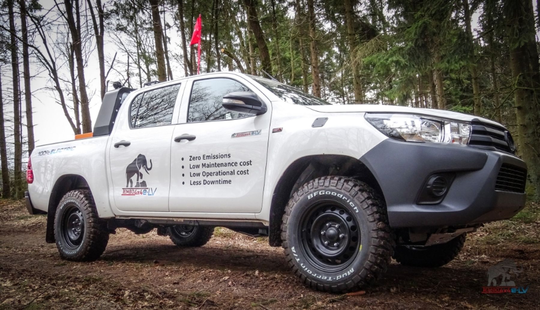 Electric Toyota Hilux dual-cab in Tembo 4x4 e-LV livery listing zero emissions and low running costs, parked in a forest