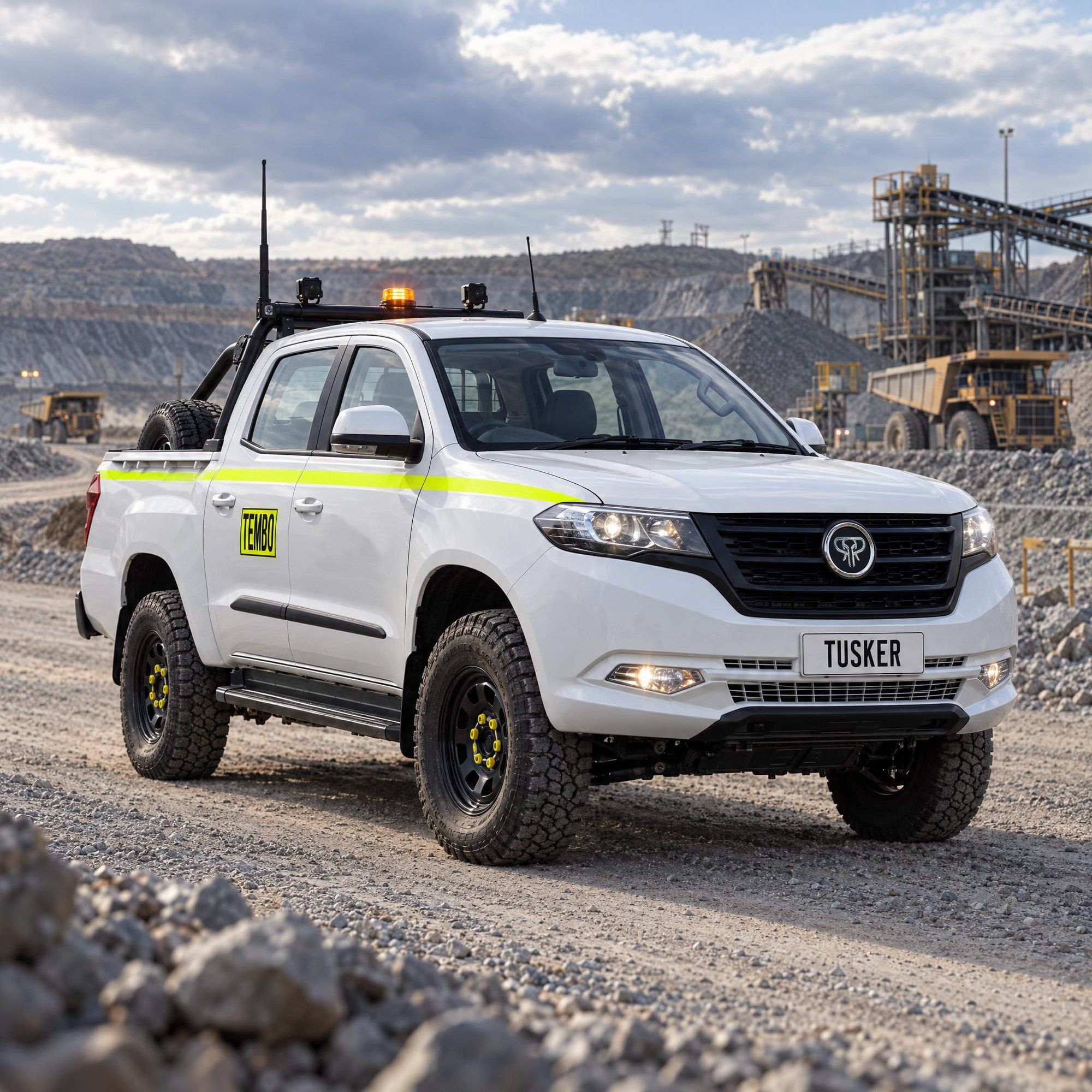 Tembo Tusker dual cab in white with hi-vis striping on a haul road at an open-cut mine, haul trucks and a processing plant behind
