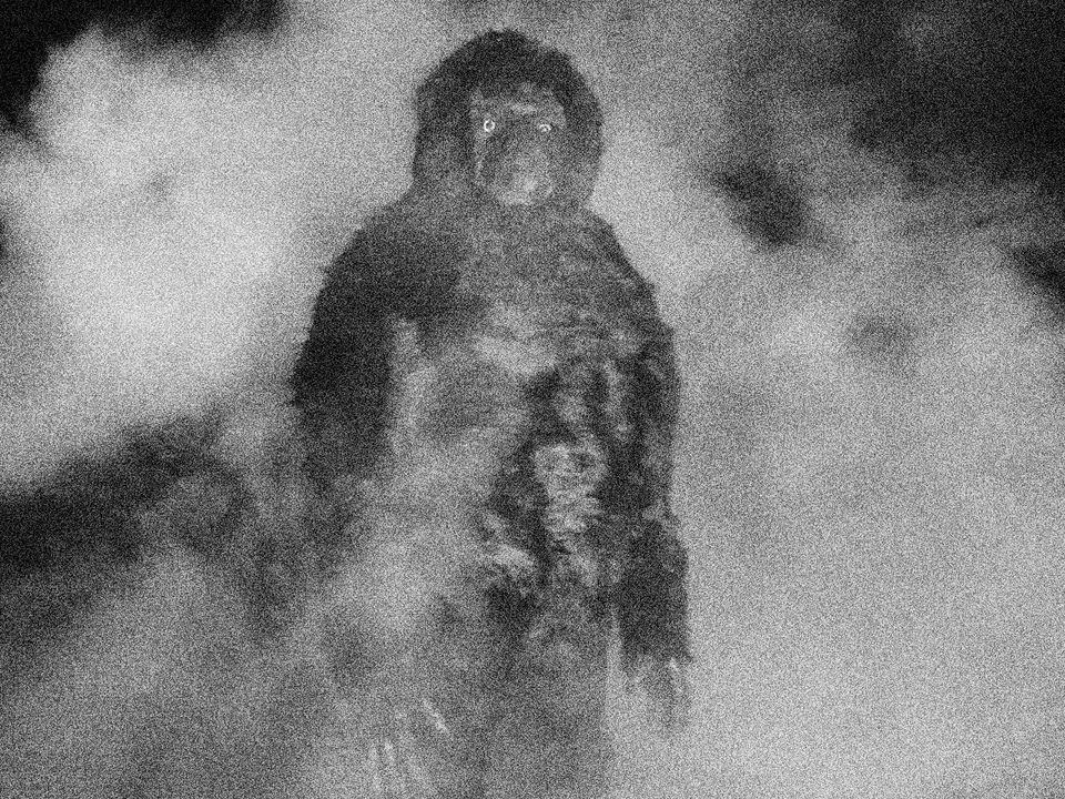 Shrouded by fog a creepy ape-like creature stands menacingly. 