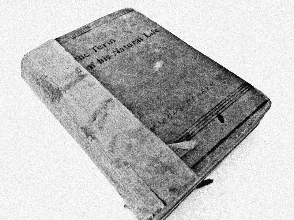 An old book with a taped spine titled 'For the Term of His Natural Life'.