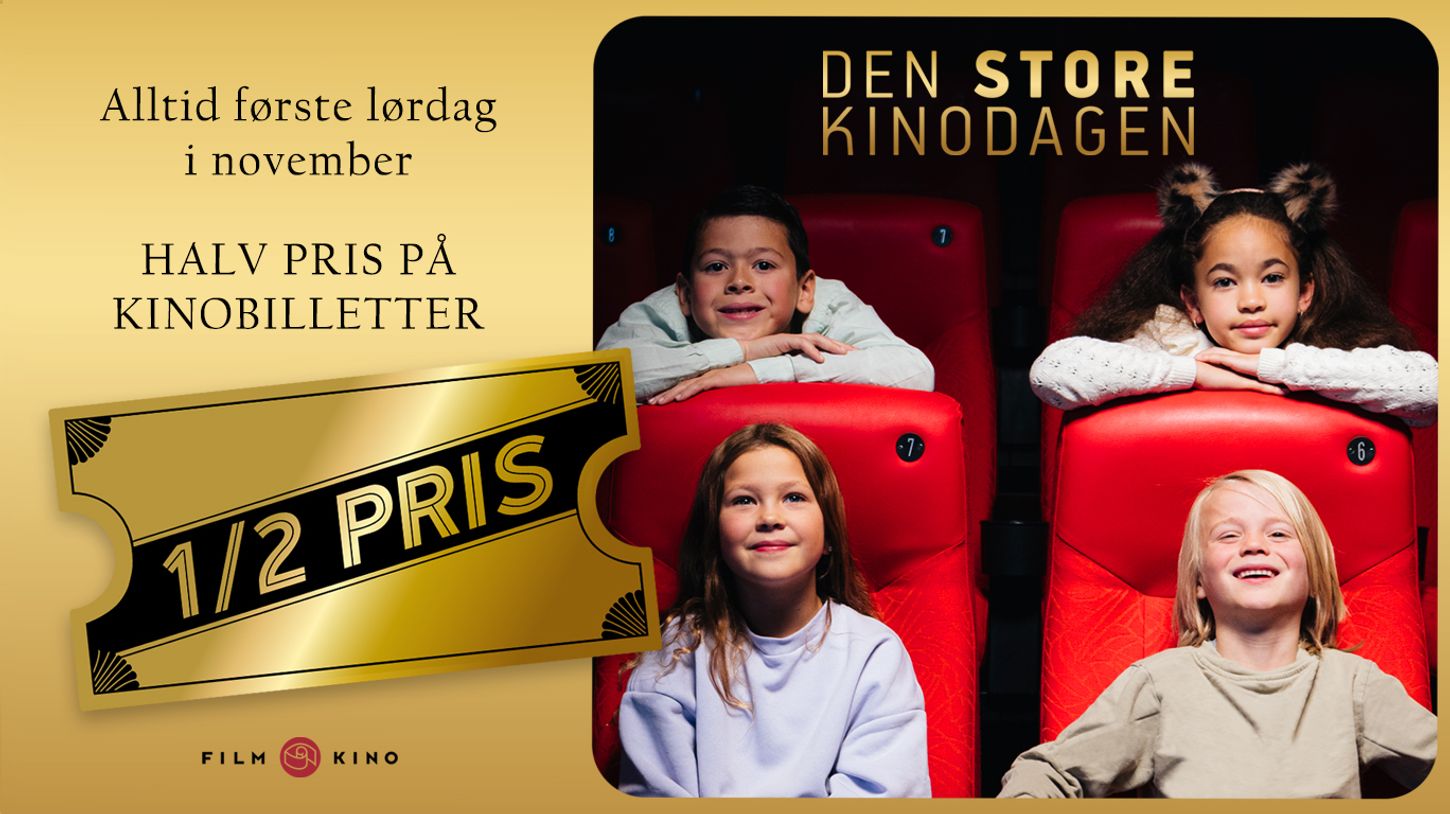 alltid første lørdag i november. halv pris på kinobilletter. 1/2 pris. film og kino. Den store kinodagen.