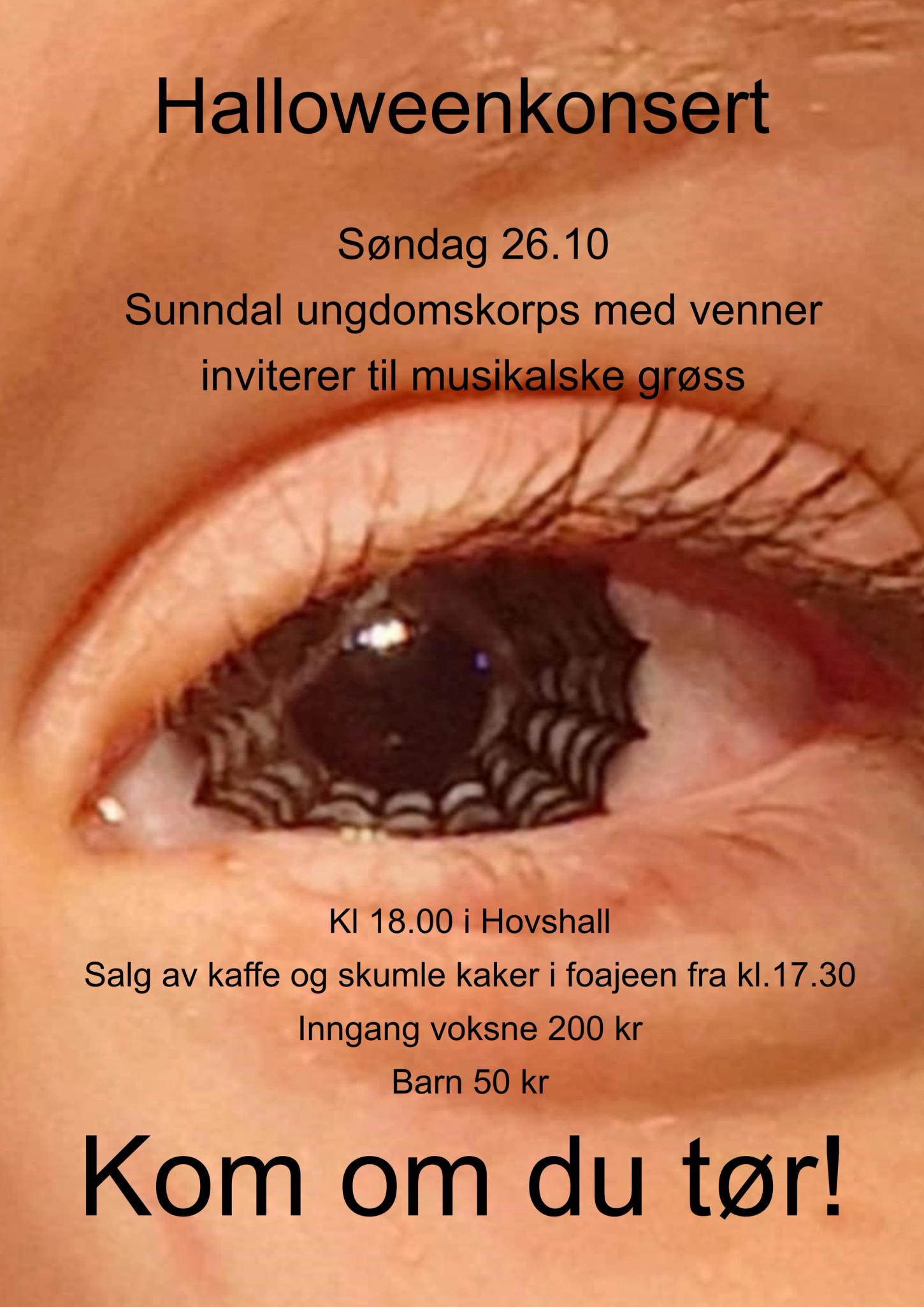 søndag 26.10. Sunndal ungdomskorps med venner inviterer til musikalske grøss. kl 1800 i Hovshall. Salg av kaffe og skumle kaker i foajeen fra kl 1730. inngang voksne kr 200 barn kr 50. Kom om du tør!
