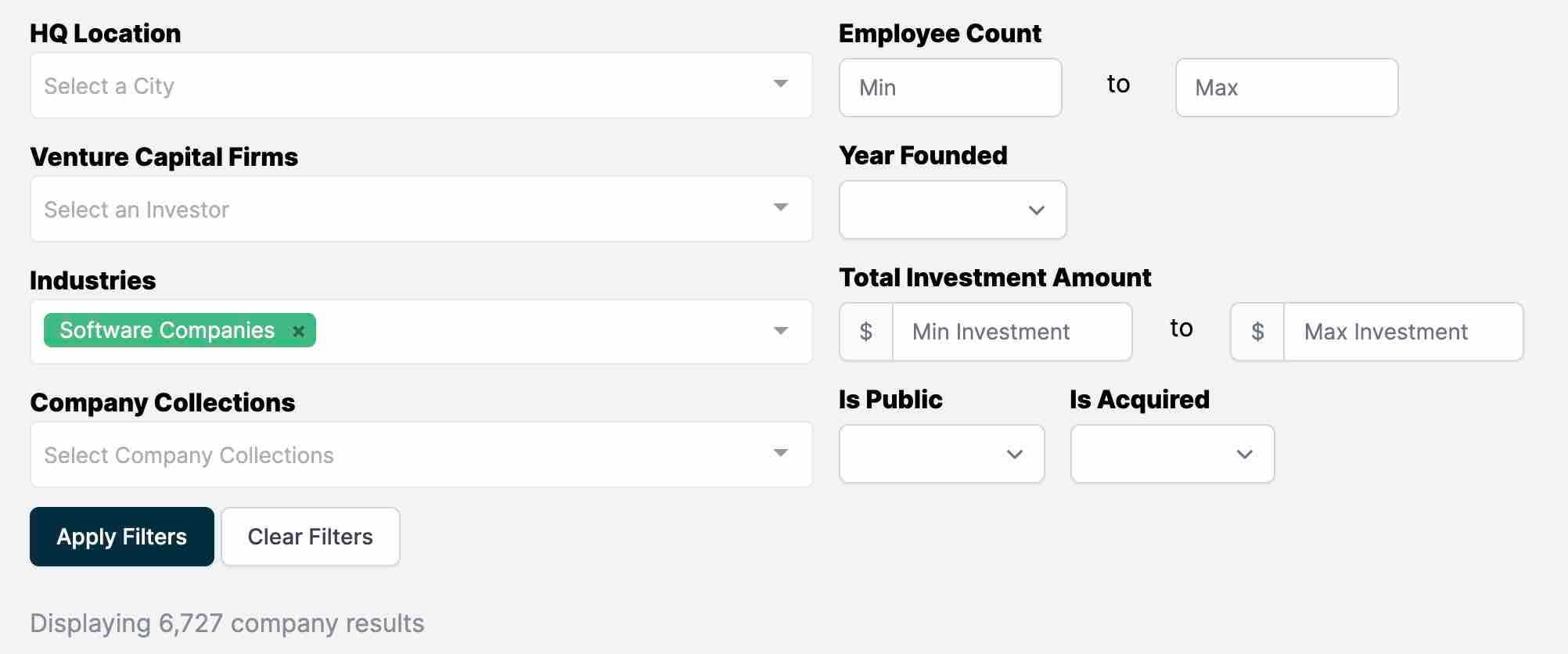 Totals Counts for Software Companies in the United States