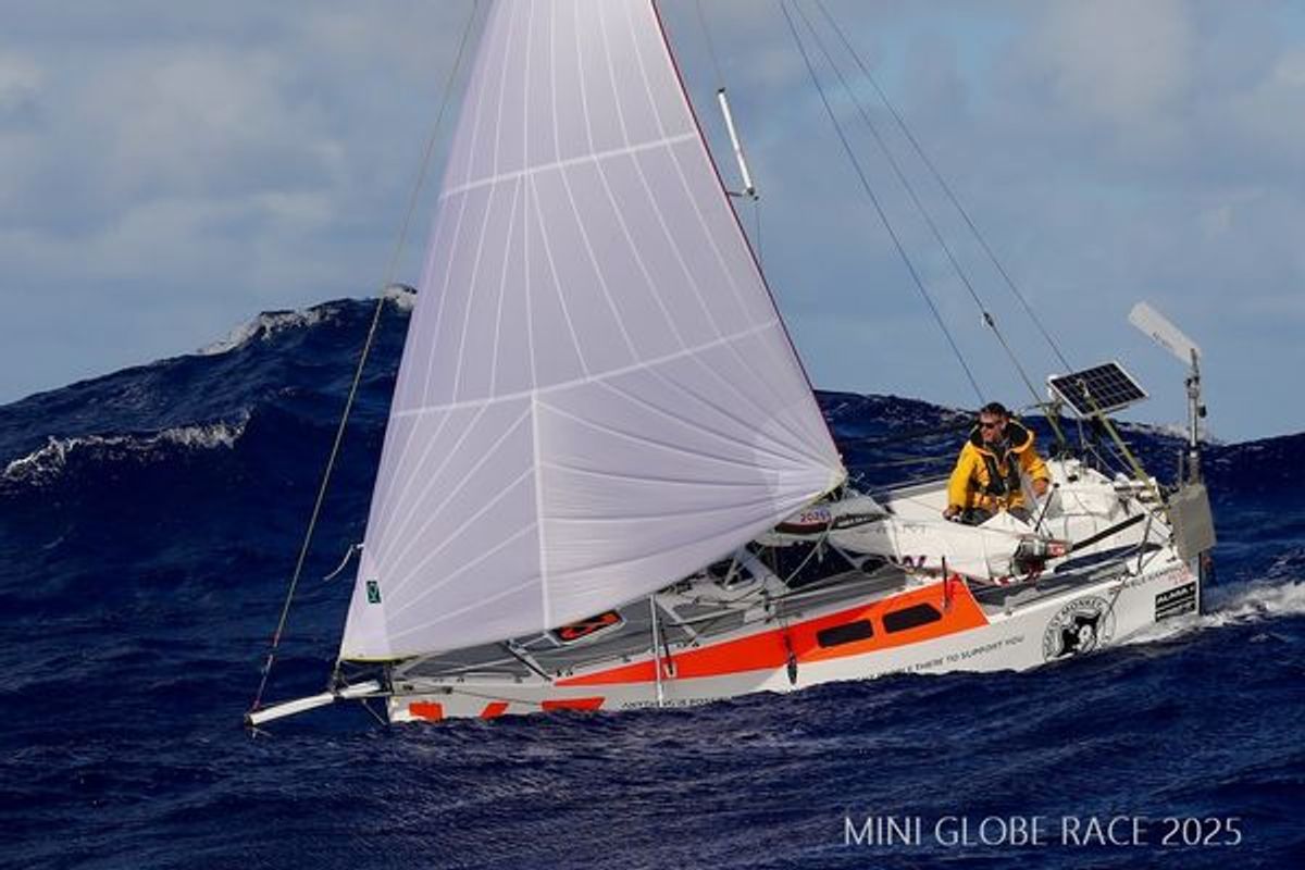 Niels Kamphuis at sea during the 2025 Globe 580 Transat