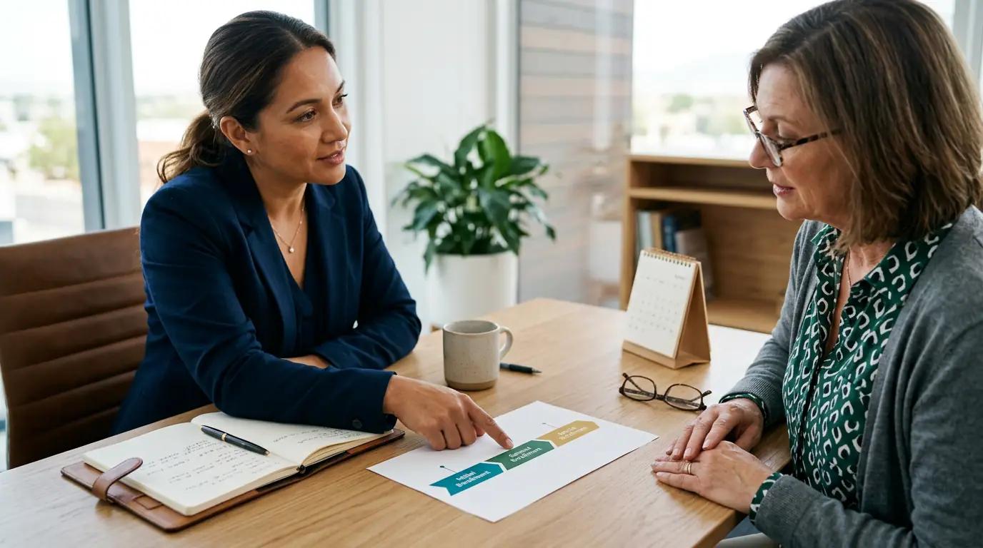 Insurance advisor and client reviewing a clear Medicare enrollment timeline