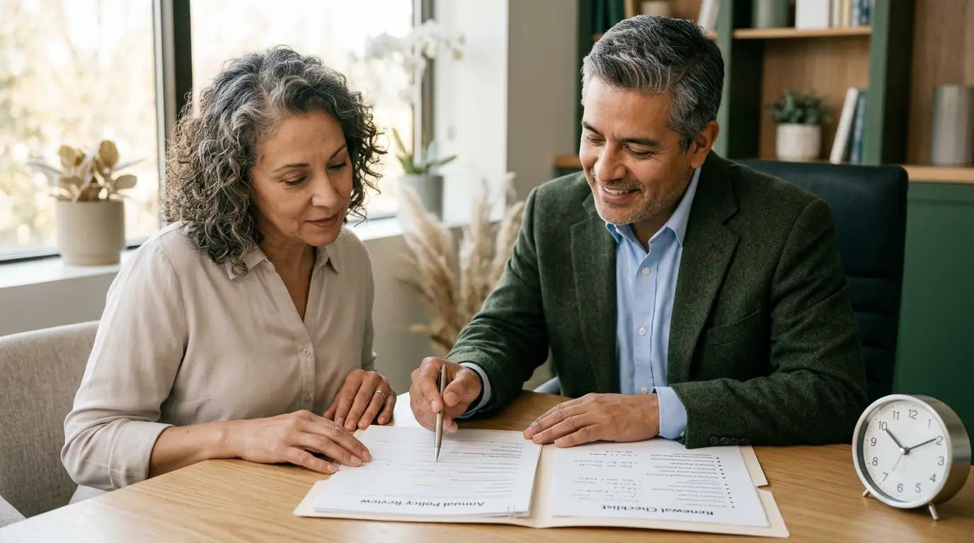 Insurance advisor and client reviewing an annual coverage checklist together