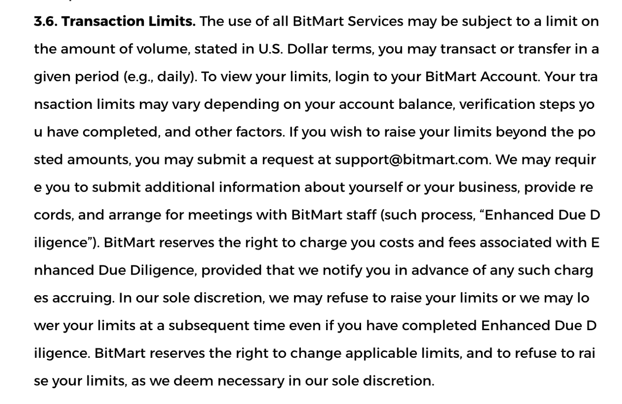Screenshot of BitMart's Terms of Service, Section 3.6 Transaction Limits, detailing that the exchange may impose volume limits on user transactions, require Enhanced Due Diligence documentation, and reserves the right to refuse limit increases at its sole discretion