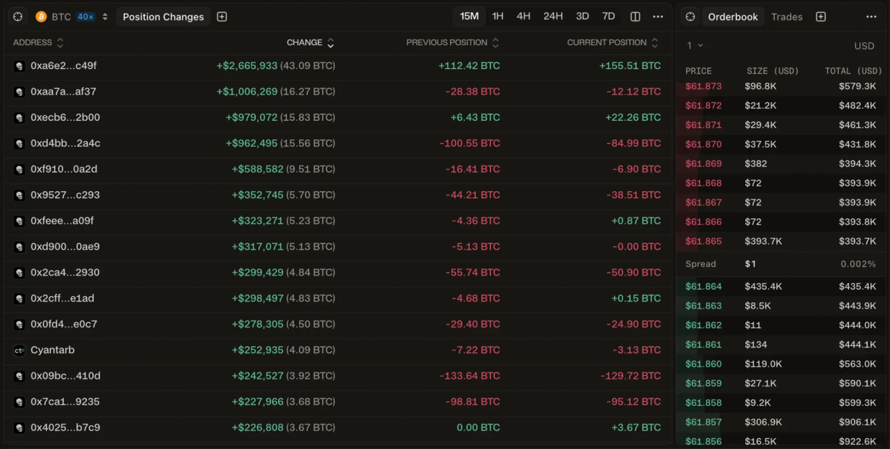 The Position Changes widget streams real-time order flow from the largest wallets on Hyperliquid, allowing traders to see institutional moves as they happen.