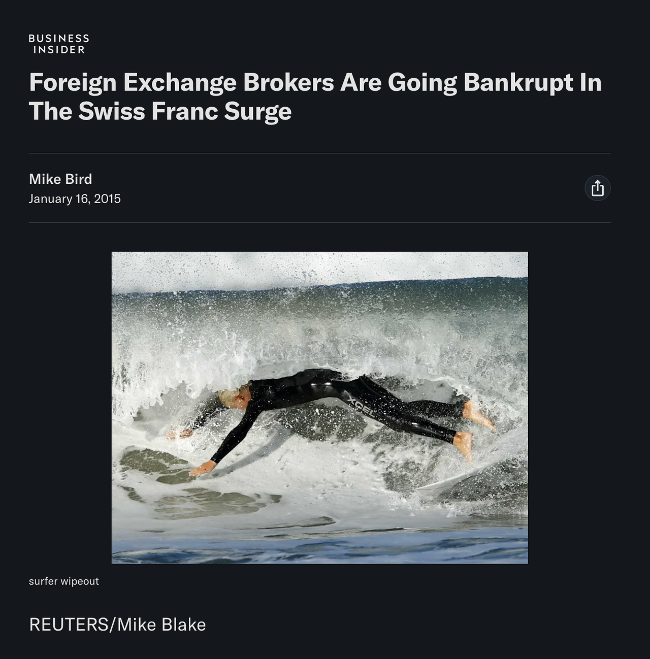News headline showing CFD and forex brokers going bankrupt during the 2015 Swiss Franc shock