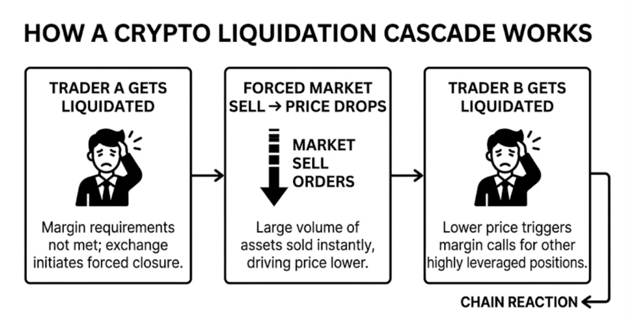 Diagram showing how a crypto liquidation cascade works forced sell orders triggering further liquidations