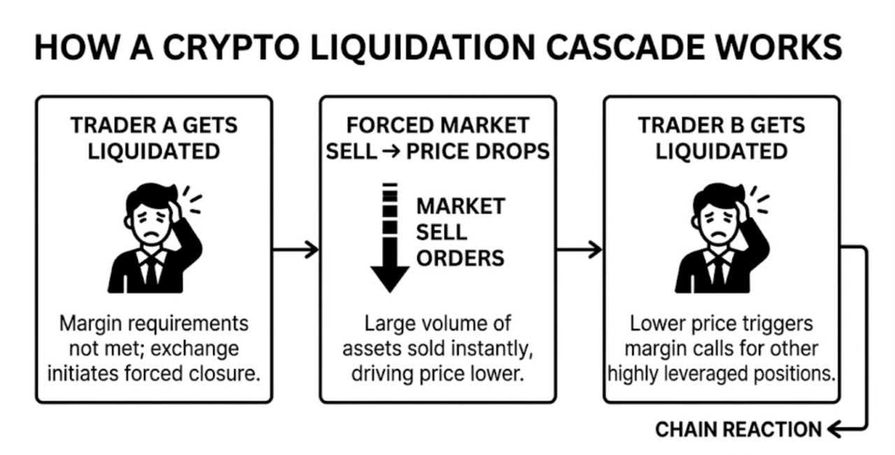 Diagram showing how a crypto liquidation cascade works forced sell orders triggering further liquidations