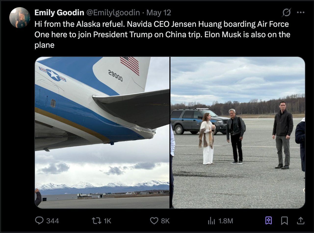 Emily Goodwin's tweet, proving that Jensen Huang is on Air Force One with a delegation for a summit with Xi Jinping in Beijing